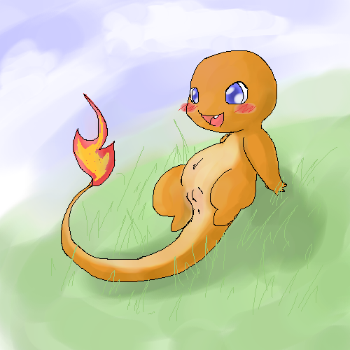 anus blue_eyes blush charmander color female female_only fire grass mouth navel nintendo open_eyes open_mouth outdoors pokémon_(species) pokemon pokemon_rgby sky smile solo tail tail_fire vulva