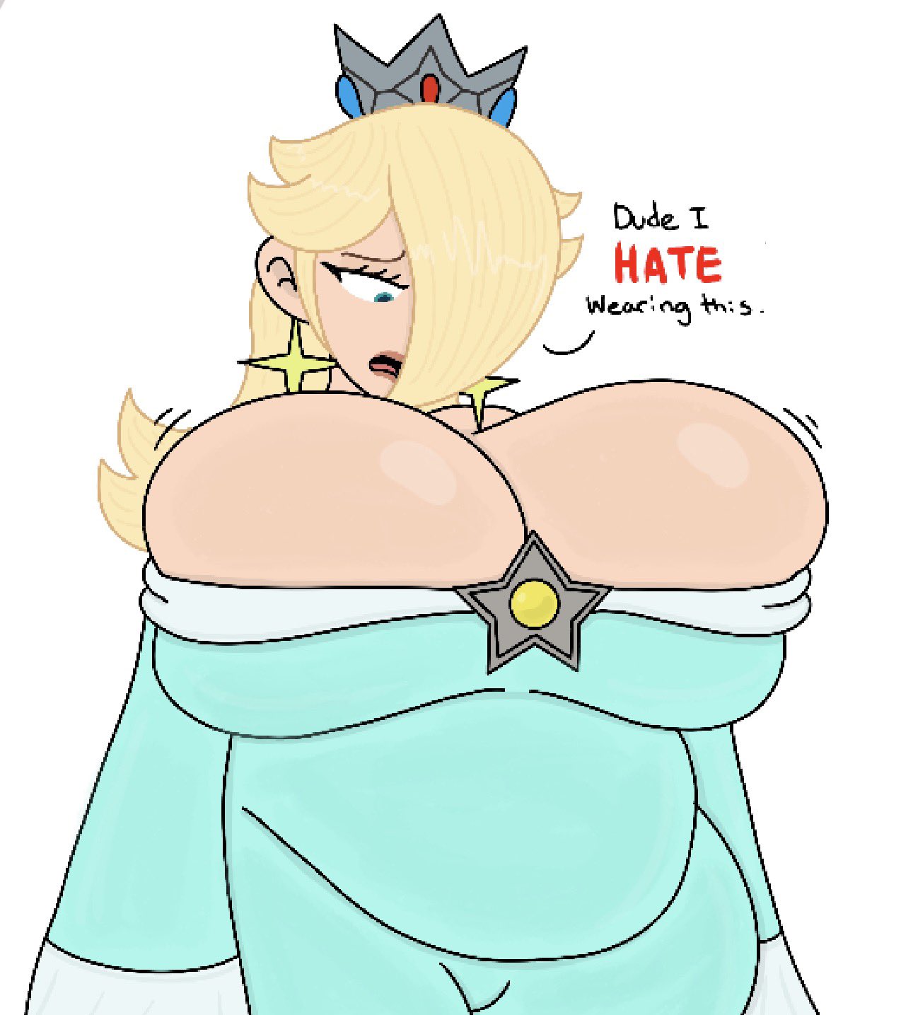 1girls, 2026, 2d, 2d (artwork), 2d artwork, bangs, bangs over one eye, belly, belly overhang, big breasts, blonde, blonde female, blonde hair, blonde hair female, blonde-haired female, blue eyes, breasts, chubby, chubby female, cleavage, clothed, clothed female, crown, dialog, dialogue, digital art, digital drawing (artwork), digital media (artwork), dress, female, human, humanoid, light skin, light-skinned female, mario (series), nintendo, princess rosalina, solo, super mario bros., super mario galaxy, tagme, text, theslashfive, thicc, thick, thick thighs