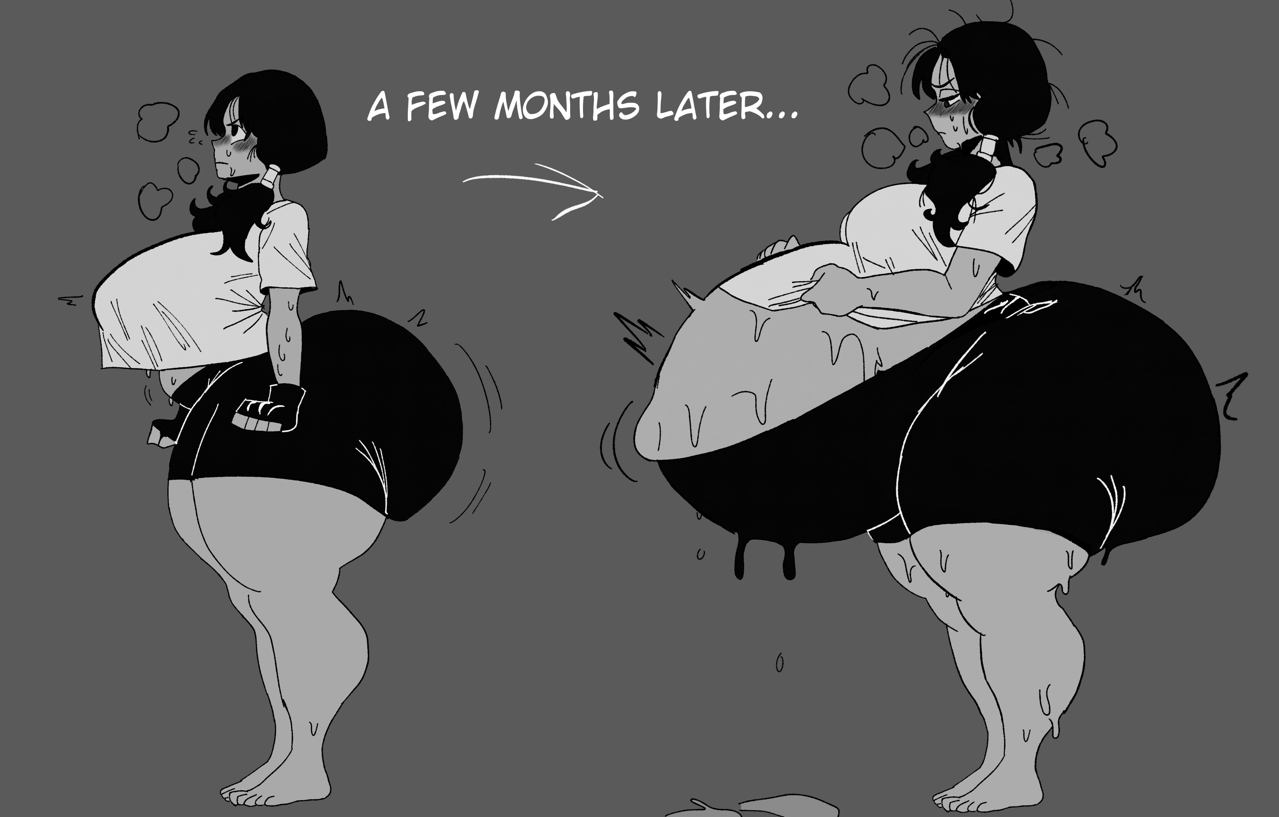 ass visible through thighs, barefoot, before and during pregnancy, curvy, dragon ball, dragon ball z, from side, gigantic ass, gigantic breasts, growth, hyper, hyper ass, hyper belly, pregnancy, pregnant, steam, sweat, sweaty, thick thighs, toes, videl, voluptuous, wide hips