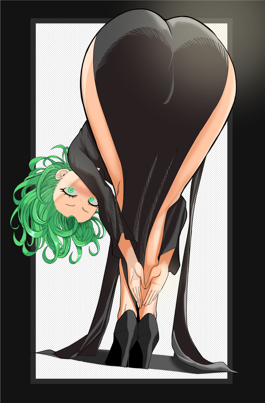 1girl, alt text, amen pose (meme), ass, ass focus, bent over, black border, black dress, black shoes, blush, border, curly hair, dress, english commentary, from behind, full body, green eyes, green hair, h lab1, h-lab, highres, long sleeves, looking at viewer, looking back, meme, one-punch man, outside border, shoes, short hair, solo, tatsumaki, tight clothes, tight dress