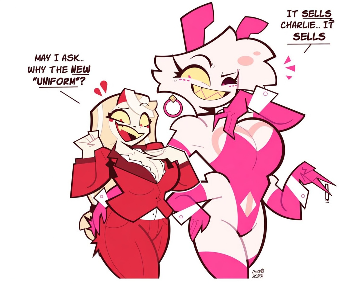 ai edit, angel dust (hazbin hotel), charlie morningstar (hazbin hotel), demon, english text, female, femboy, goodbyellow, hazbin hotel, male, sensual, sexy, tagme