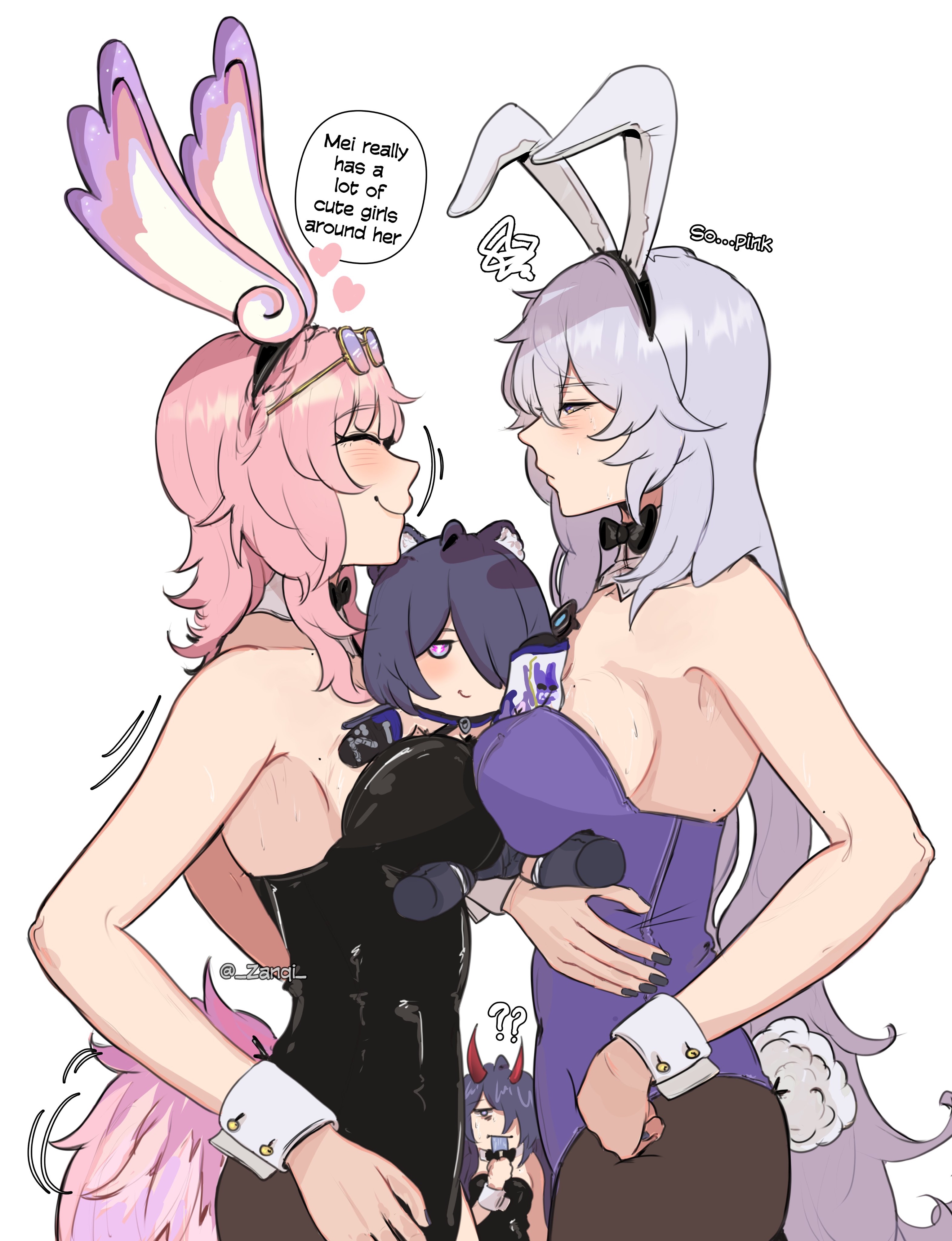 ??, 4girls, absurdres, acheron (honkai: star rail), animal ears, armpits, arms at sides, bare arms, bare shoulders, between breasts, big breasts, black hair, black swan (honkai: star rail), blush, bow, bowtie, braid, breast press, breasts, bunnysuit, character doll, chibi, closed eyes, closed mouth, commentary, cosplay, cyrene (honkai: star rail), detached collar, doll, english commentary, english text, enjoying, eyewear on head, face-to-face, fake animal ears, fake tail, female, female only, fingernails, food in mouth, grey hair, hair over one eye, hairband, half-closed eye, hand on own hip, heart, highres, honkai (series), honkai impact 3rd, honkai: star rail, horns, huge breasts, imminent sex, large breasts, leotard, long hair, looking at viewer, multiple girls, nail polish, pantyhose, pink background, pink hair, rabbit ears, rabbit tail, raiden mei, raiden mei (herrscher of thunder), red horns, sandwiched, short hair, sideboob, silver hair, simple background, smile, smirk, strapless, strapless leotard, sweat, symmetrical docking, tail, twitter username, very long hair, wrist cuffs, yuri, zanqi