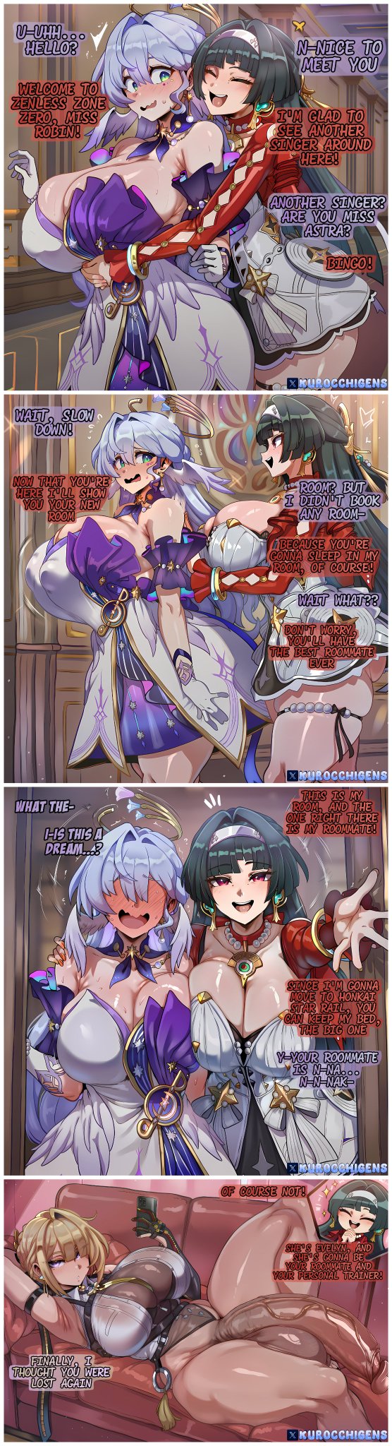 ai generated, astra yao, black hair, blonde hair, blush, blushing, cleavage, clothed, curvaceous, curvy, curvy female, curvy figure, dress, english text, evelyn chevalier, female, futanari, gloves, hair ornament, honkai (series), honkai: star rail, hoyoverse, huge balls, huge cock, jewelry, kurora, large breasts, long hair, robin (honkai: star rail), thick, thick ass, thick legs, thick thighs, veiny penis, voluptuous, voluptuous female, white gloves, wide hips, zenless zone zero
