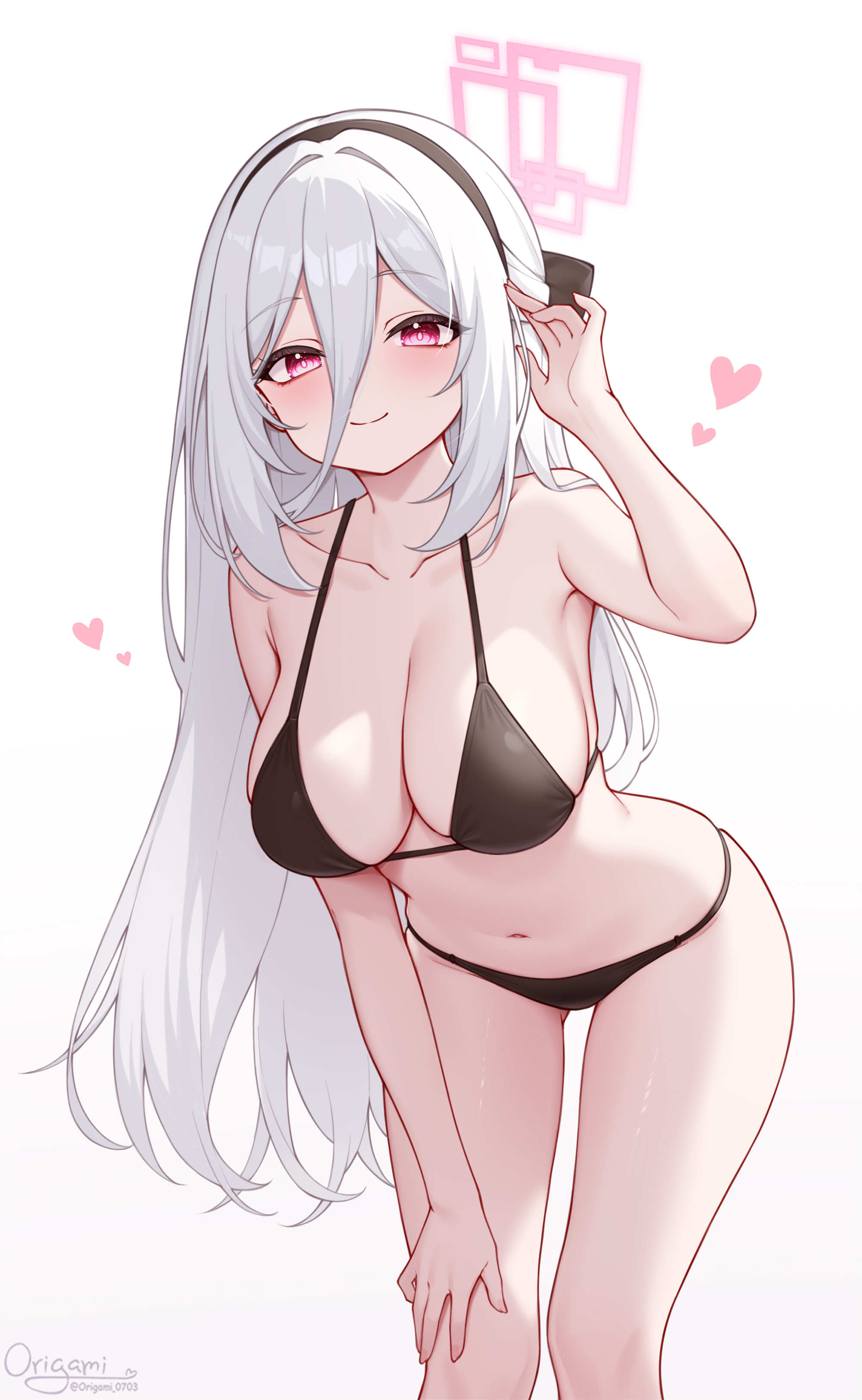 1girls, bare shoulders, blue archive, blush, bottomless, bra, breasts, cleavage, high resolution, highres, kei (blue archive), large breasts, leaning, leaning forward, long hair, looking at viewer, origami0703, panties, pink eyes, smile, standing, thighs, underwear, white hair