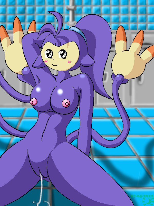 2012 ambipom anthro artist_request blush breasts color female female_only fur furry multiple_tails nintendo nipples nude pokemon pussy_juice solo source_request tagme tail tail_hand vulva