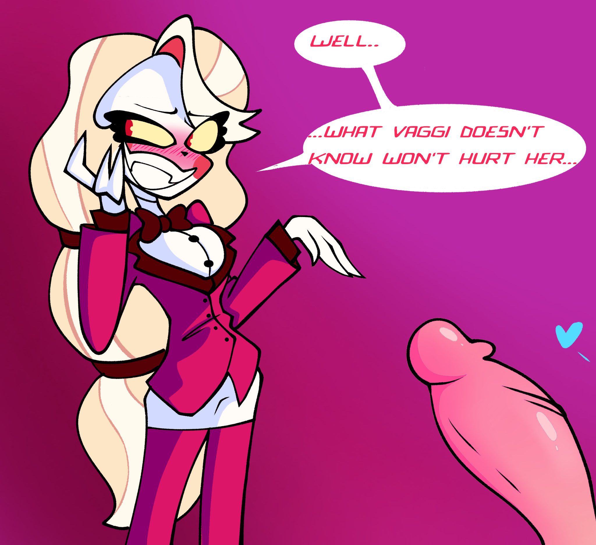 1boy, 1girls, big penis, blonde hair, blush, breasts, charlie morningstar (hazbin hotel), cheating, cheating (relationship), cheating girlfriend, clothed, clothed female, clothing, color, dialogue, english text, female, female focus, fully clothed, hazbin hotel, heart, hellaverse, hetero, human, light skin, looking away, male, naked, naked male, open eyes, penis, simple background, smile, standing, straight, text, tweedleevil, twitter link, vivziepop