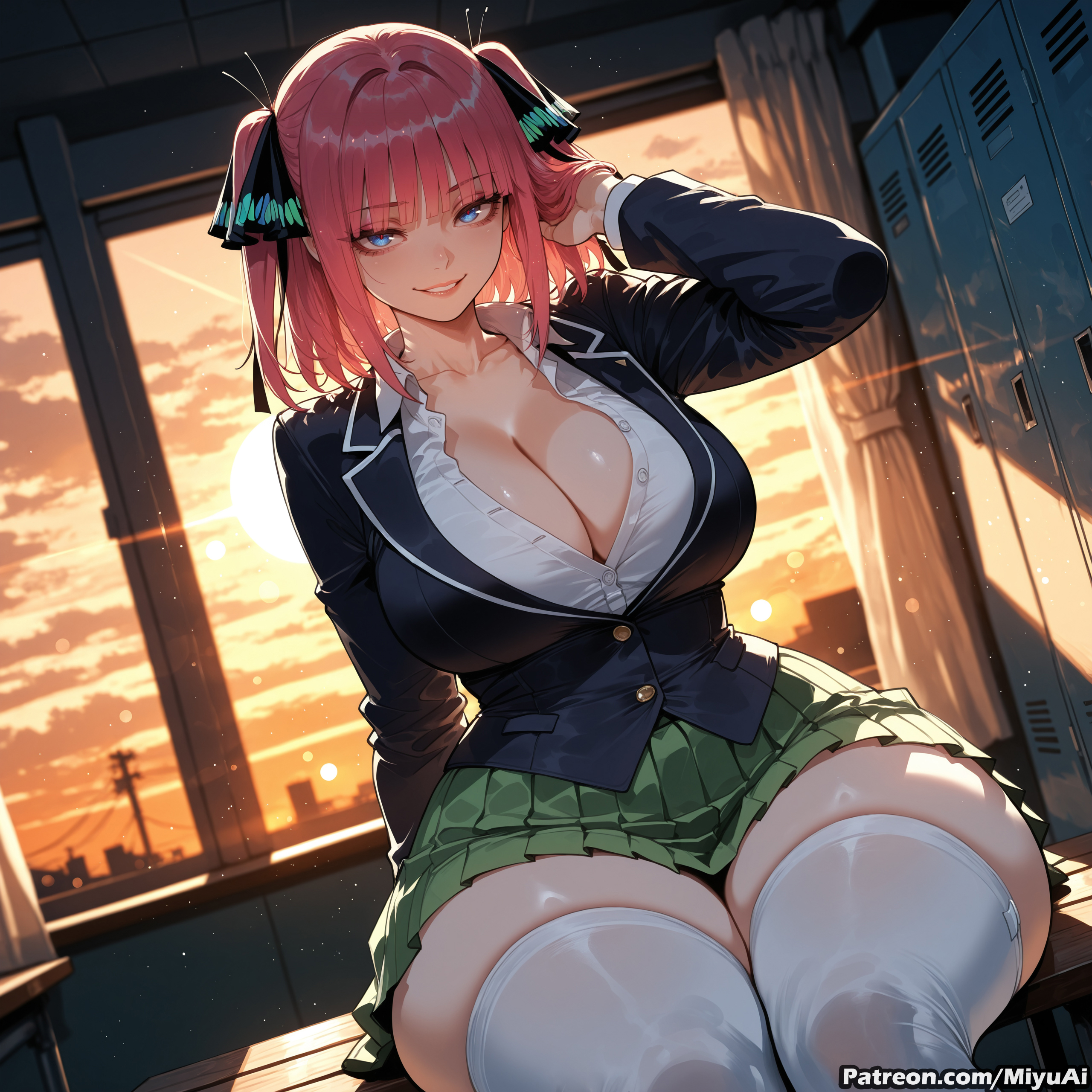 1girl, ai assisted, ai generated, backlighting, bangs, black ribbon, blue eyes, blunt bangs, blush, breasts, cardigan, cleavage, collarbone, collared shirt, curvaceous, curvy, curvy female, curvy figure, eyebrows visible through hair, female, go-toubun no hanayome, green skirt, hair ornament, hair ribbon, huge breasts, indoors, jacket, large breasts, long sleeves, looking at viewer, miyuai, nakano nino, pink hair, pleated skirt, quintessential quintuplets, ribbon, school uniform, shirt, short hair, sitting, skirt, smile, solo, sunset, thick, thick ass, thick butt, thick hips, thick legs, thick thighs, thighhighs, thighs, two side up, voluptuous, voluptuous female, white legwear, white shirt, wide hips, wide thighs