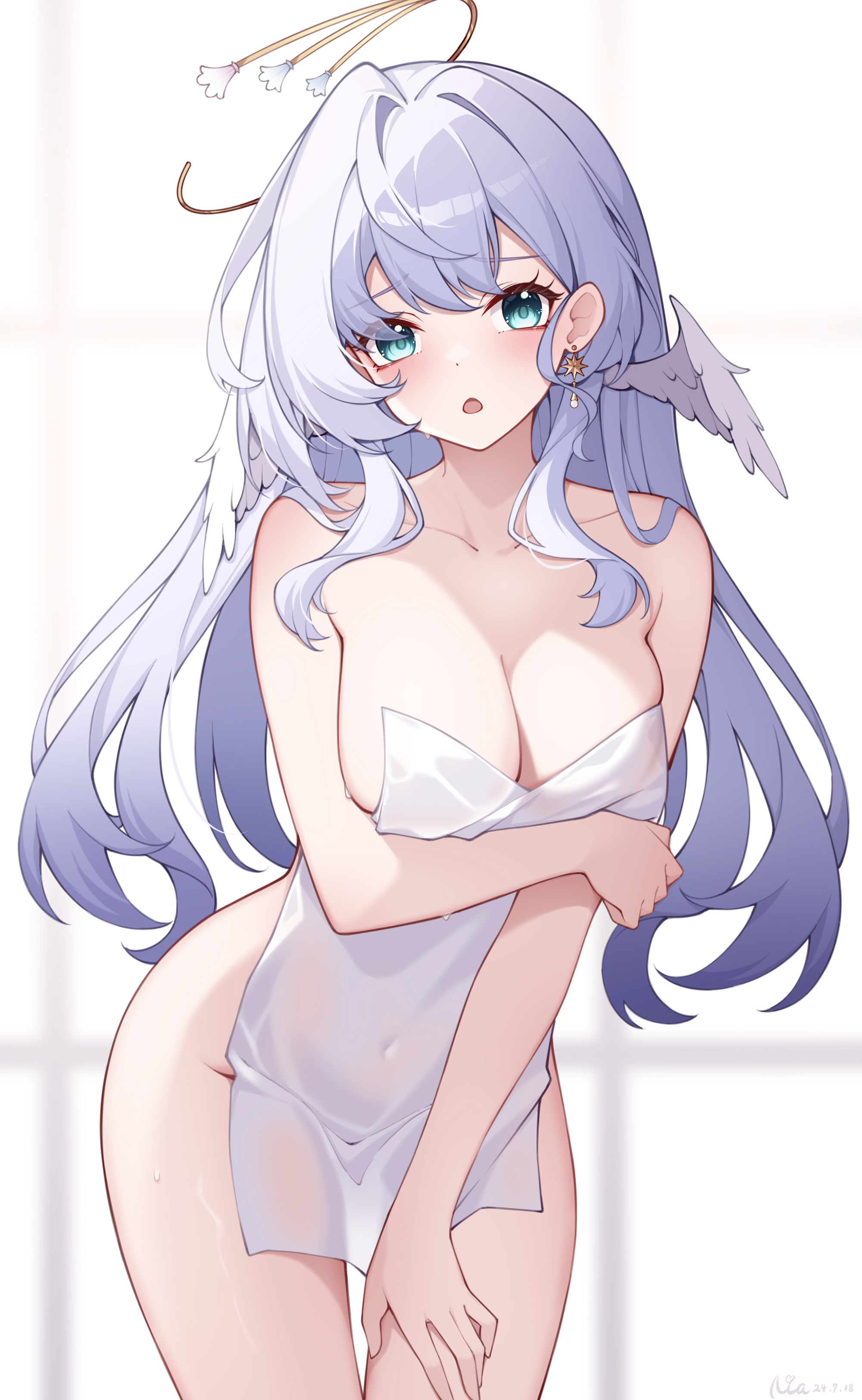 1girls, bare shoulders, belly button, blue eyes, blue hair, blush, breasts, cleavage, embarrassed, female, female focus, female only, high resolution, highres, honkai: star rail, large breasts, looking at viewer, no bra, no panties, open mouth, origami0703, robin (honkai: star rail), small towel, solo, standing, sweat, thighs, towel, towel only, wet, white background
