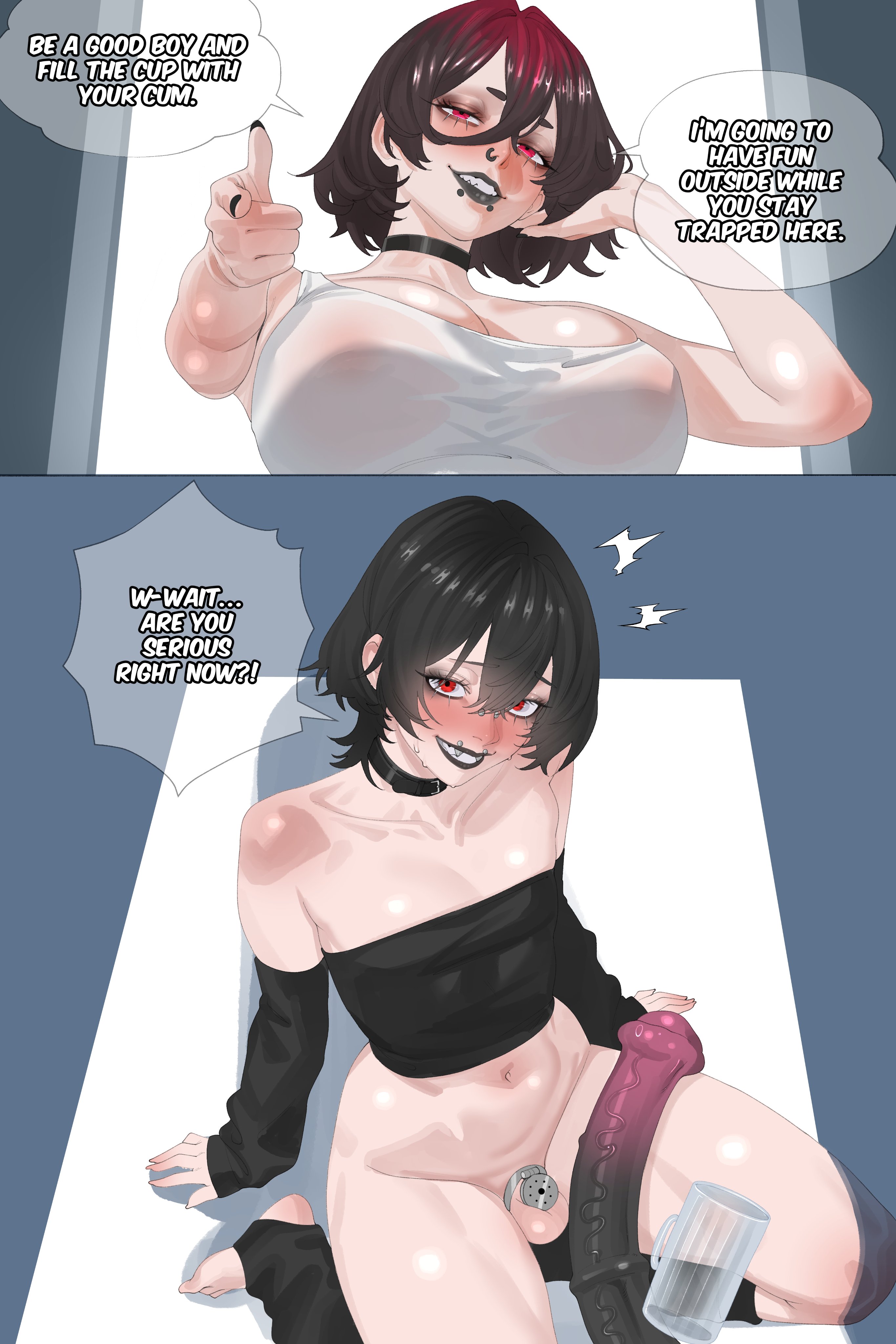 black lipstick, chastity cage, dildo, dyed hair, female, femboy, femboy focus, flat chastity cage, kanoji (ni kanojo), large breasts, male, original, original characters, piercing, piercings, small penis