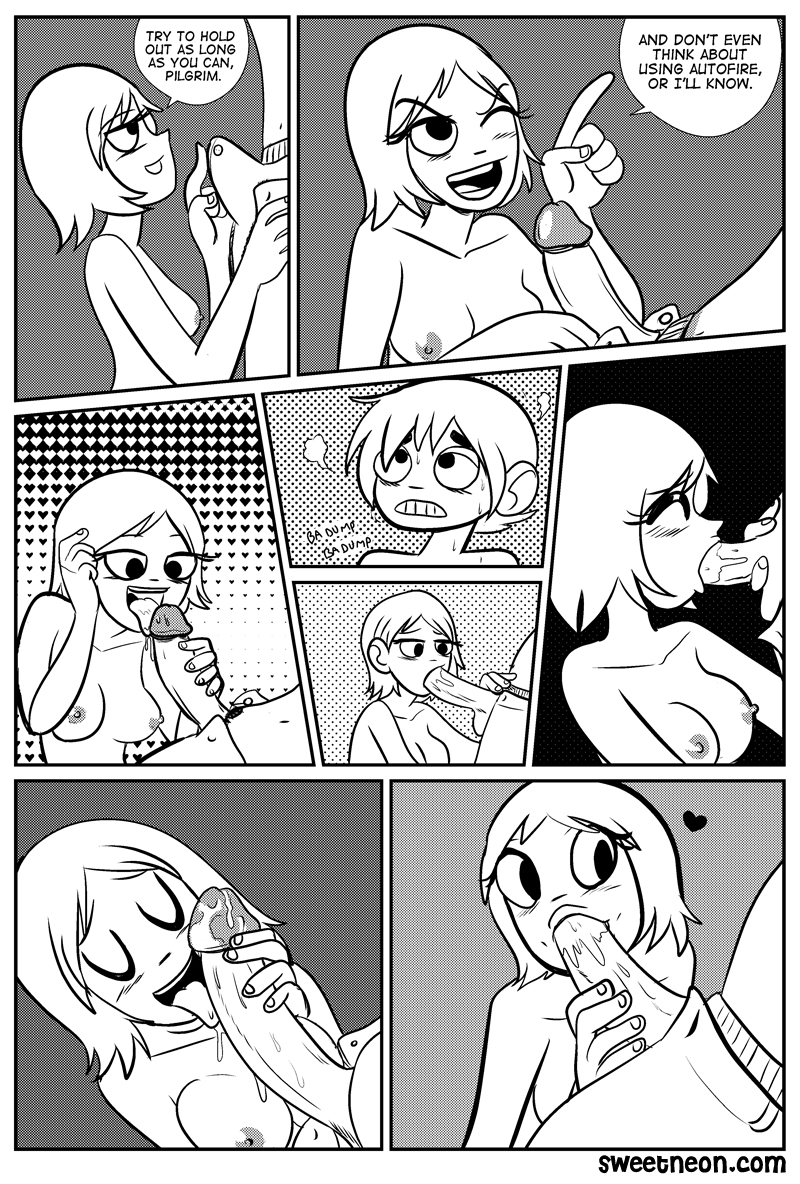 1boy 1girls breasts comic couple drooling english_text fellatio licking licking_penis lisa_miller long_penis nalem nipples nude oral provocative saliva scott_pilgrim scott_w_pilgrim seductive_mouth standing stroking sucking tagme throat tongue_out