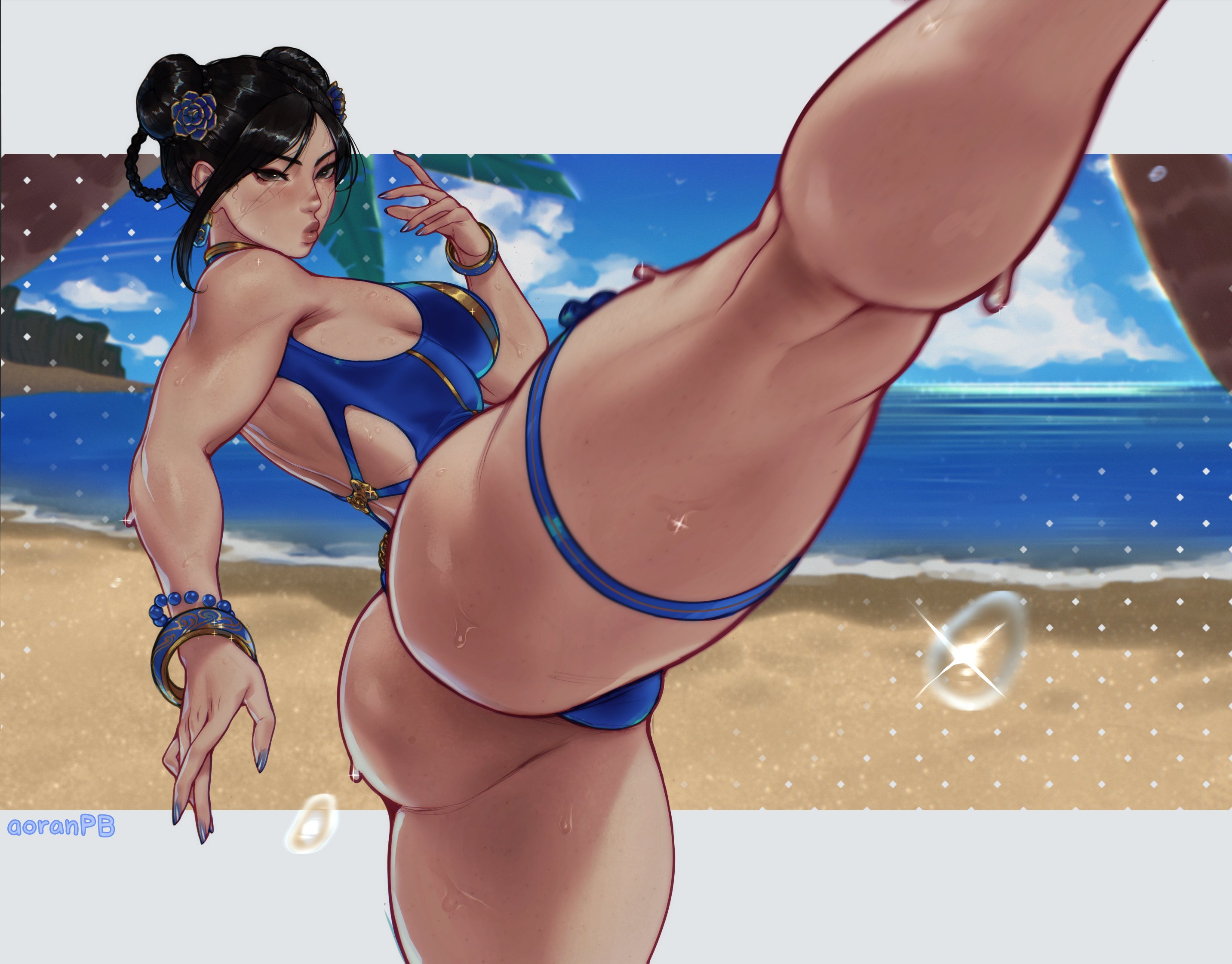 1girls, 2d, aoranpb, ass, beach, beach background, breasts, brown hair, chun-li, female, female only, light skin, light-skinned female, solo, solo female, standing, standing on one leg, street fighter, street fighter 6, sweat, swimsuit, tagme, thighs