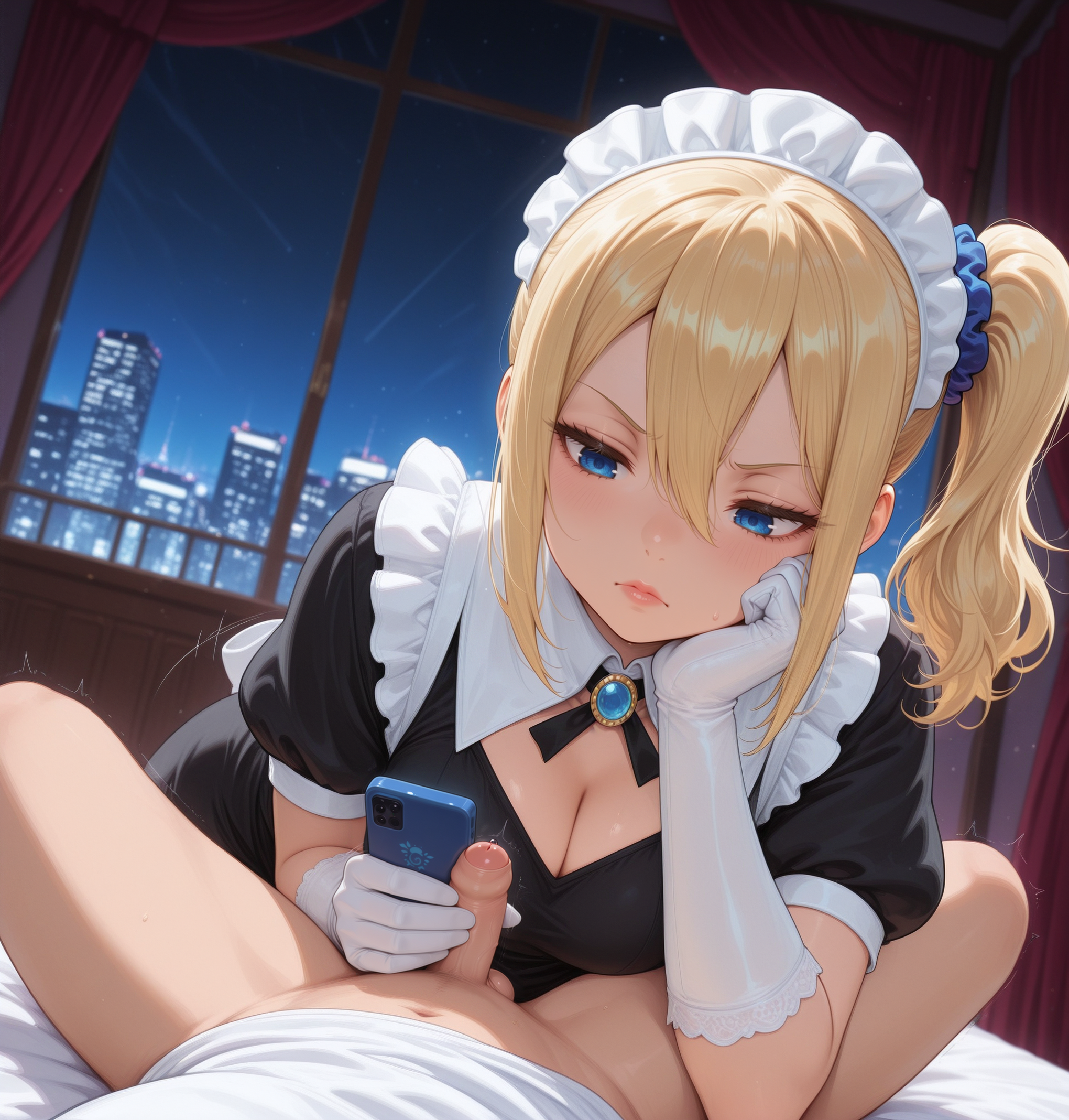 1boy, 1girl, 1girls, 2026, ai, ai generated, anime character, annoyed, annoyed expression, blonde hair, blue eyes, civitai, disgust, disgusted, disgusted expression, disgusted face, disgusted look, dominant, dominant female, domination, ejaculation control, female, female focus, femdom, foreskin, glove, gloved, gloved handjob, gloved hands, gloves, handjob, hayasaka ai, heavy blush, hi res, high quality, high resolution, highres, ignored, ignoring, ignoring another, ignoring partner, kaguya-sama wa kokurasetai ~tensai-tachi no renai zunousen~, looking at phone, looking away, maid, maid apron, maid cap, maid dress, maid headdress, maid outfit, maid uniform, male, male pov, mommy, mommy kink, mommydom, no sex, patreon, phone, phone call, phone in hand, playing with penis, plump lips, pov, pov male, self upload, side ponytail, small penis, small penis handjob, small penis humiliation, sph, stable diffusion, submissive, submissive male, tiny penis, twitter, uncensored, uncircumcised, uncut, unimpressed, upscaled, using phone, viewer, viewer pov, white gloves, yuckle