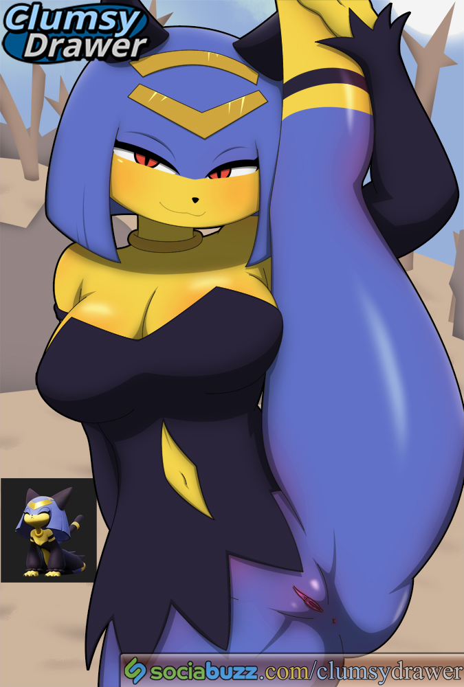1girls, animal ears, animal nose, anthro, anthro only, arm behind back, arm up, artist logo, artist name, bare shoulders, bare tree, black dress, black shirt, black sleeves, blue fur, blue hair, blue skin, blue sky, blush, bob cut, body fur, bottomless, breasts, cat ears, cat girl, circlet, cleavage, cleavage cutout, clitoral hood, closed mouth, clothing, clothing cutout, cloud, clumsydrawer, colored skin, cowboy shot, day, desert, detached sleeves, dress, egyptian, english text, female, furry, furry female, half-closed eyes, hand up, large breasts, leg up, long sleeves, looking at viewer, navel, navel cutout, outdoors, pal (species), palworld, pocketpair, pussy, red eyes, sekhmet (pal), self upload, shiny skin, shirt, short dress, short hair, sky, smile, solo, split, spread legs, standing, standing on one leg, standing split, stomach, strapless, strapless dress, thick thighs, thighs, tree, two-tone fur, url, vagina, watermark, web address, yellow fur, yellow skin