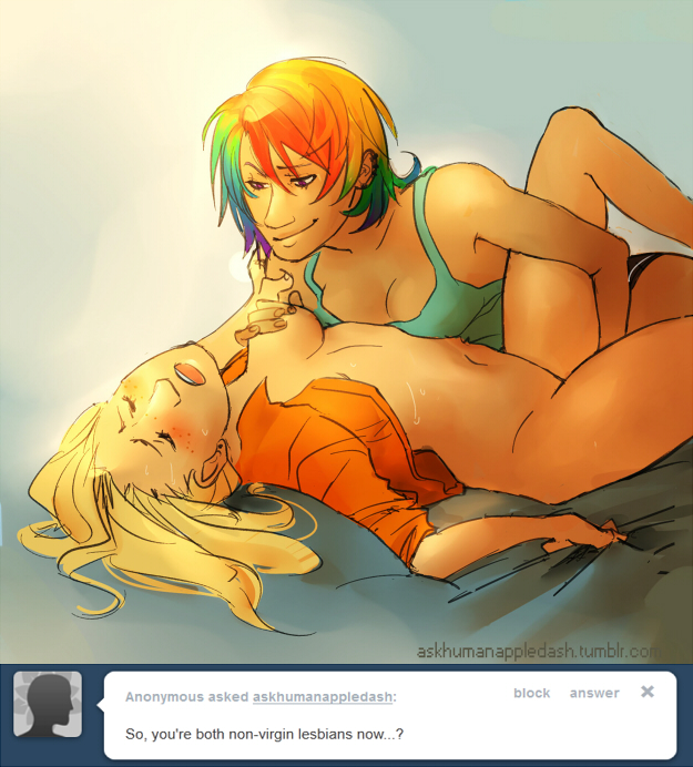 2girls applejack_(mlp) blonde_hair bottomless breasts clothed color english_text female female_only fingering friendship_is_magic human long_hair medium_breasts multicolored_hair multiple_girls my_little_pony partially_clothed rainbow_dash_(mlp) schpog short_hair smooth_skin text uncensored yuri