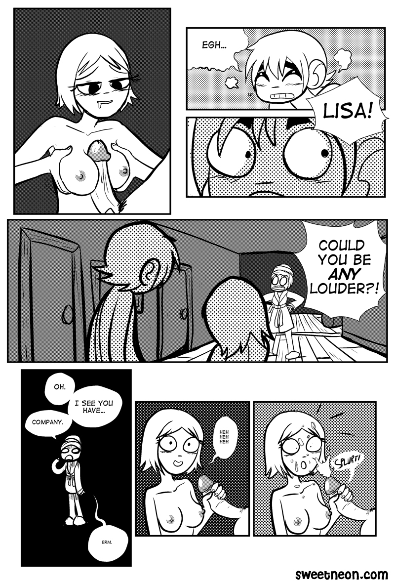 breasts caught caught_in_the_act comic cum cum_on_face cum_on_upper_body drooling ejaculation embarrassed facial handjob imminent_orgasm lisa_miller nalem nipples outercourse paizuri scott_pilgrim scott_w_pilgrim stroking surprised surprised_expression tagme