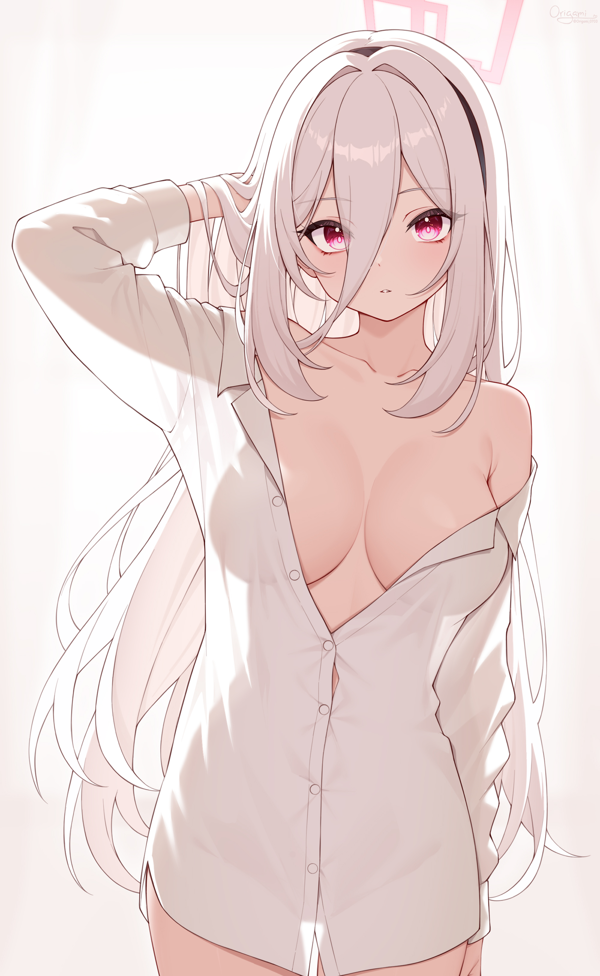1girls, blue archive, bottomless, cleavage, female, female focus, female only, hand on head, high resolution, highres, kei (blue archive), large breasts, looking at viewer, origami0703, pink eyes, shirt, solo, standing, unbuttoned shirt, white hair