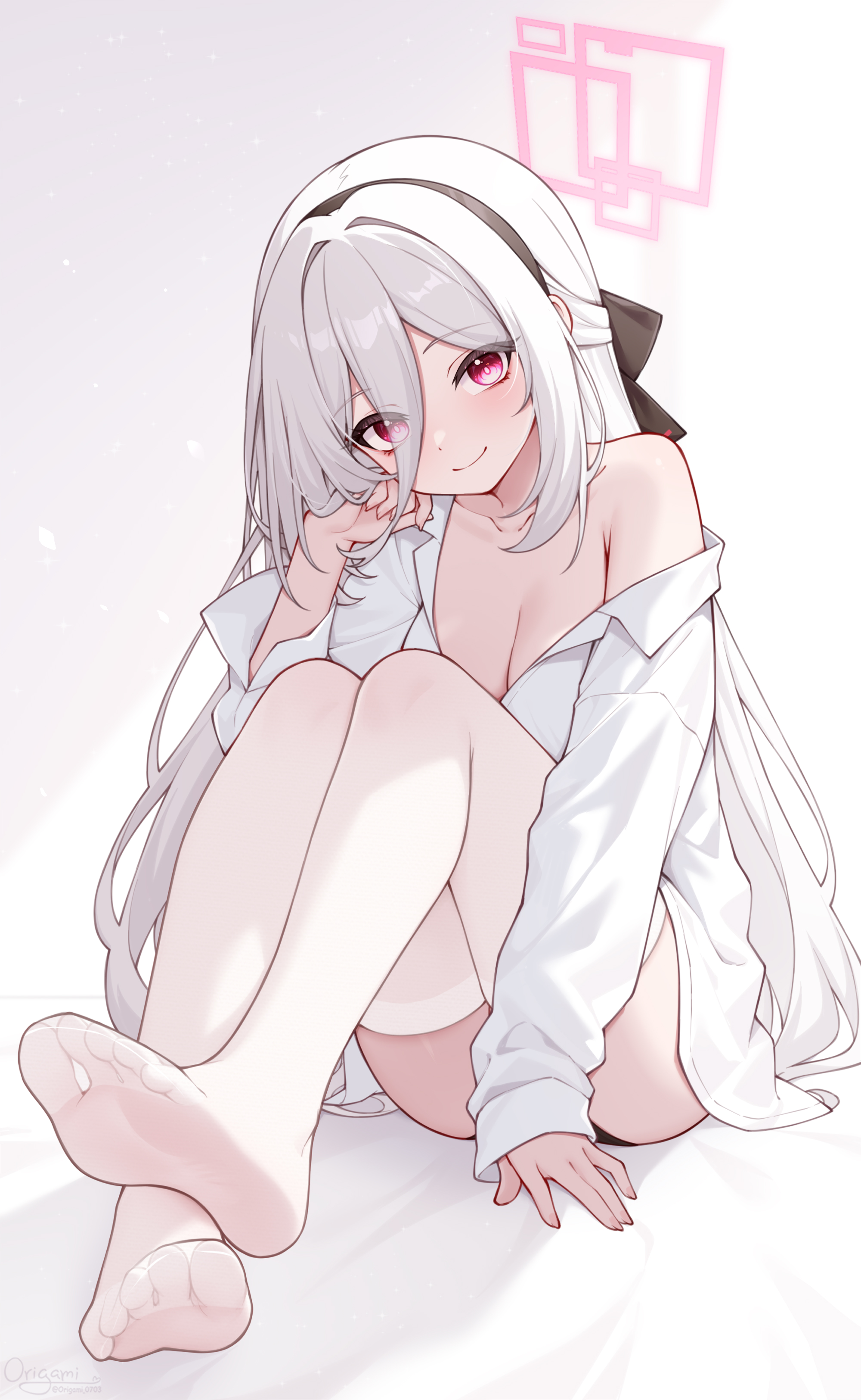 1girls, bare shoulders, blue archive, breasts, cleavage, feet, feet visible through clothing, female, female focus, female only, headband, high resolution, highres, kei (blue archive), large breasts, legwear, looking at viewer, no bra, origami0703, pink eyes, shirt, sitting, smile, solo, thighhighs, thighs, white hair