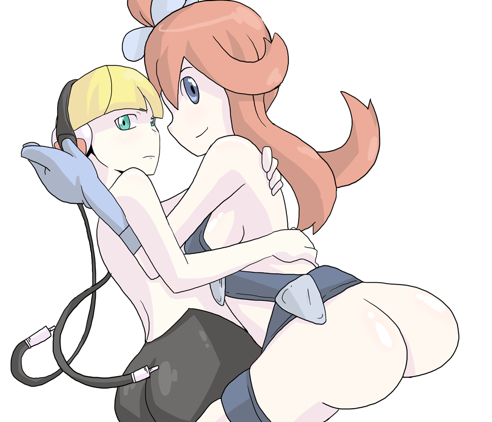 ass clothes color elesa_(pokemon) female female_only human larcynxi multiple_females multiple_girls pantyhose pokemon skyla_(pokemon) smile tagme yuri