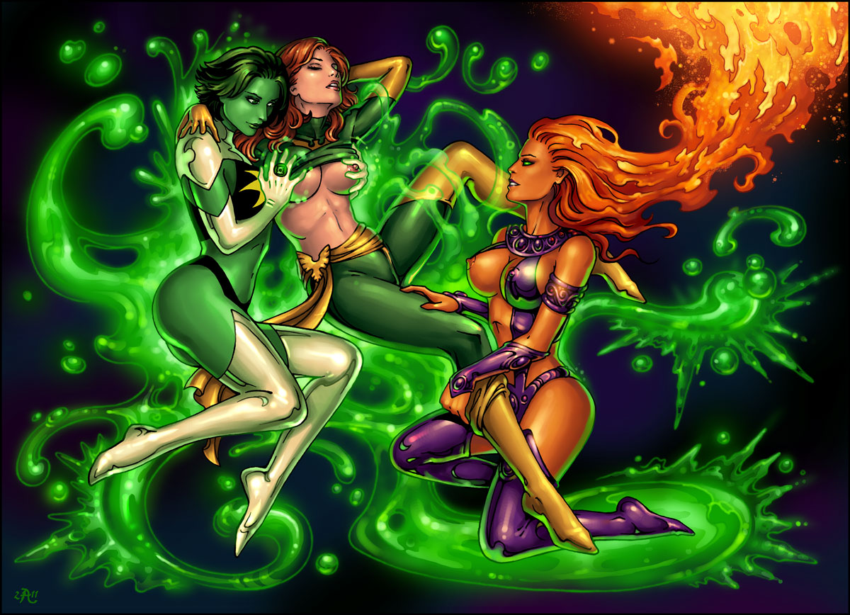 2011 2d 3girls candra crossover dc female female_only green-skinned_female green_eyes green_hair green_lantern green_lips green_skin interspecies jade_(dc) jean_grey jennifer-lynn_hayden koriand'r marvel multiple_girls no_pupils orange_hair orange_skin phoenix_(x-men) red_hair redhead starfire superheroine teen_titans x-men yuri