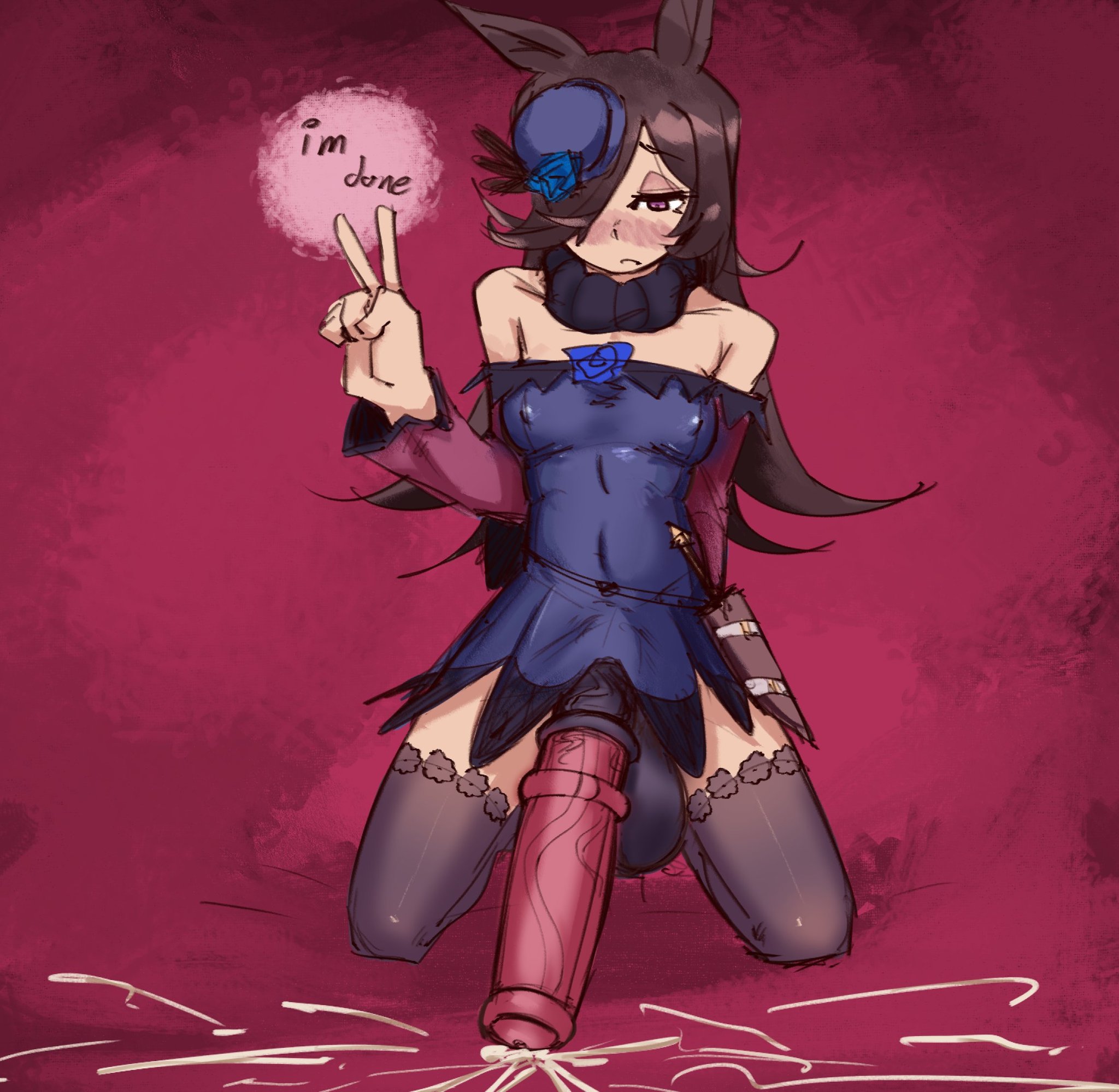 1futa, 1futanari, balls, ballsack, big balls, big cock, big penis, blush, blush lines, blushing, brown hair, cock, cum, dick, dickgirl, erect, erect penis, erection, futa, futa only, futanari, horse ears, horse girl, horse penis, horsecock, horsecock futa, horsecock on humanoid, huge balls, huge cock, huge penis, large cock, large penis, long penis, looking down, mouzr, nipple bulge, nipples, nipples visible through clothing, peace sign, penis, rice shower (umamusume), solo, solo focus, solo futa, text, text bubble, umamusume, umamusume pretty derby