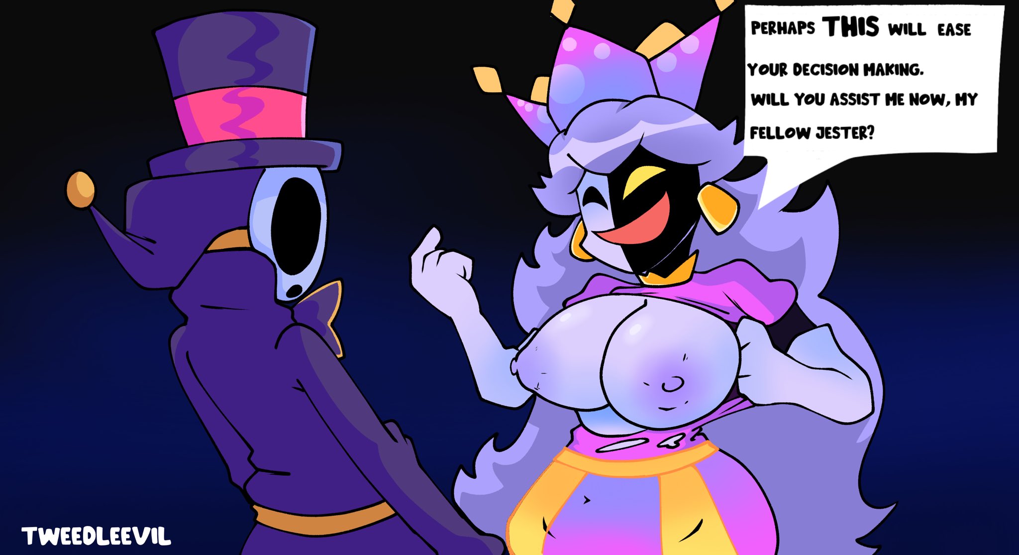 1boy, 1girls, anti groove, big breasts, black eyes, breasts, breasts focus, clothed, clothed male, clothing, color, commission, crown, dialogue, dimentio, earrings, english text, female, female focus, flashing breasts, hetero, looking at partner, male, mario (series), mask, naked, non-monetary prostitution, open eyes, open mouth, open smile, paper mario, partially clothed, princess peach, prostitution, rule 63, showing breasts, smile, standing, straight, super paper mario, text, torn clothes, tweedleevil, twitter link
