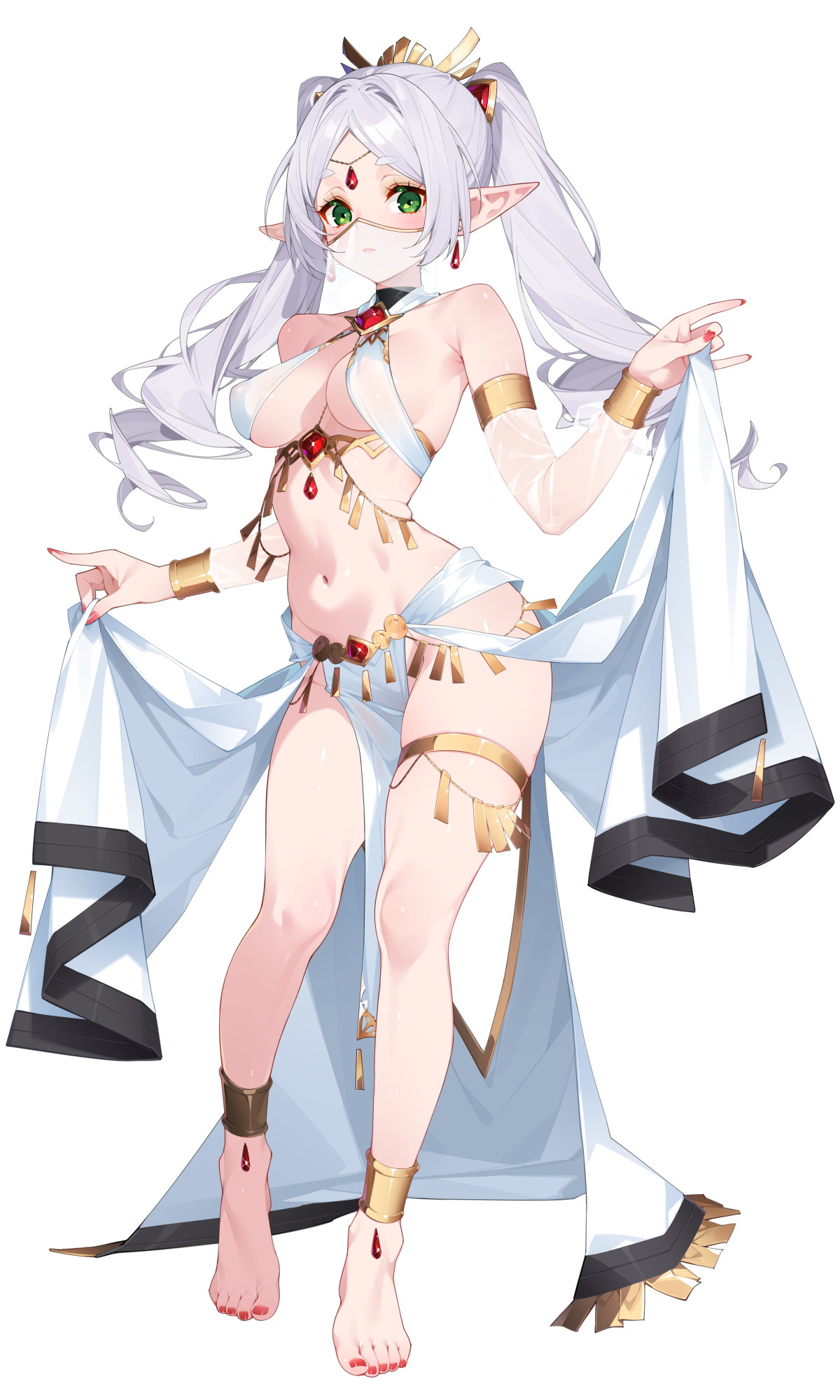 1girls, accessory, anklet, bare shoulders, barefoot, belly, big breasts, breasts, bushy eyebrows, cleavage, dancer outfit, detached sleeves, dress, earrings, elf, elf ears, elf female, feet, female, female only, forehead jewel, frieren, full body, green eyes, hair accessory, hips, legs, light skin, light-skinned female, long hair, looking at viewer, nail polish, navel, pointy ears, posing, red nails, red toenails, solo, sousou no frieren, standing, stomach, thick eyebrows, thighs, toenail polish, toes, tummy, twintails, waist, waterring, white background, white eyebrows, white hair