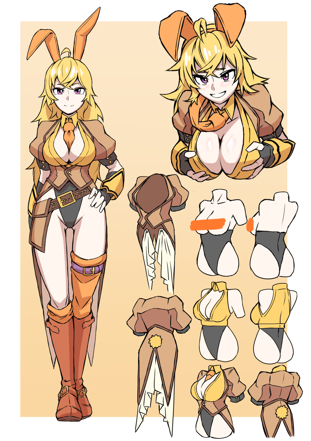 1girls, blonde female, blonde hair, bunny ears, bunny girl, bunny tail, bunnysuit, cleavage, long hair, long hair female, mori kuro, purple eyes, rwby, solo female, yang xiao long