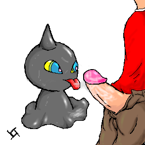 1boy 1other ambiguous_gender anthro artist_logo artist_request color erection horn human humanoid_penis interspecies male nintendo open_pants penis penis_out pokemon shuppet simple_background smooth_penis tongue tongue_out toony