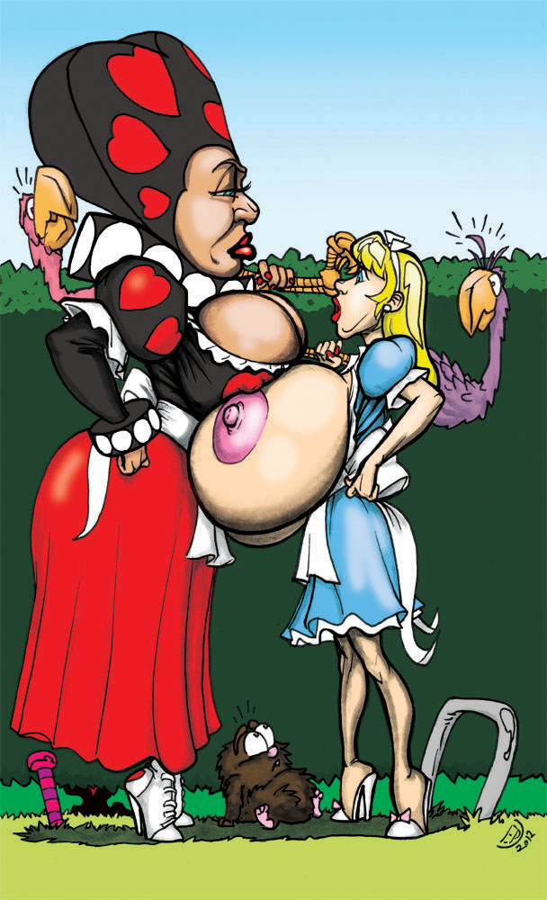 alice_in_wonderland alice_liddell boobdan breast_expansion high_heels huge_breasts nipples queen_of_hearts_(alice_in_wonderland) tagme