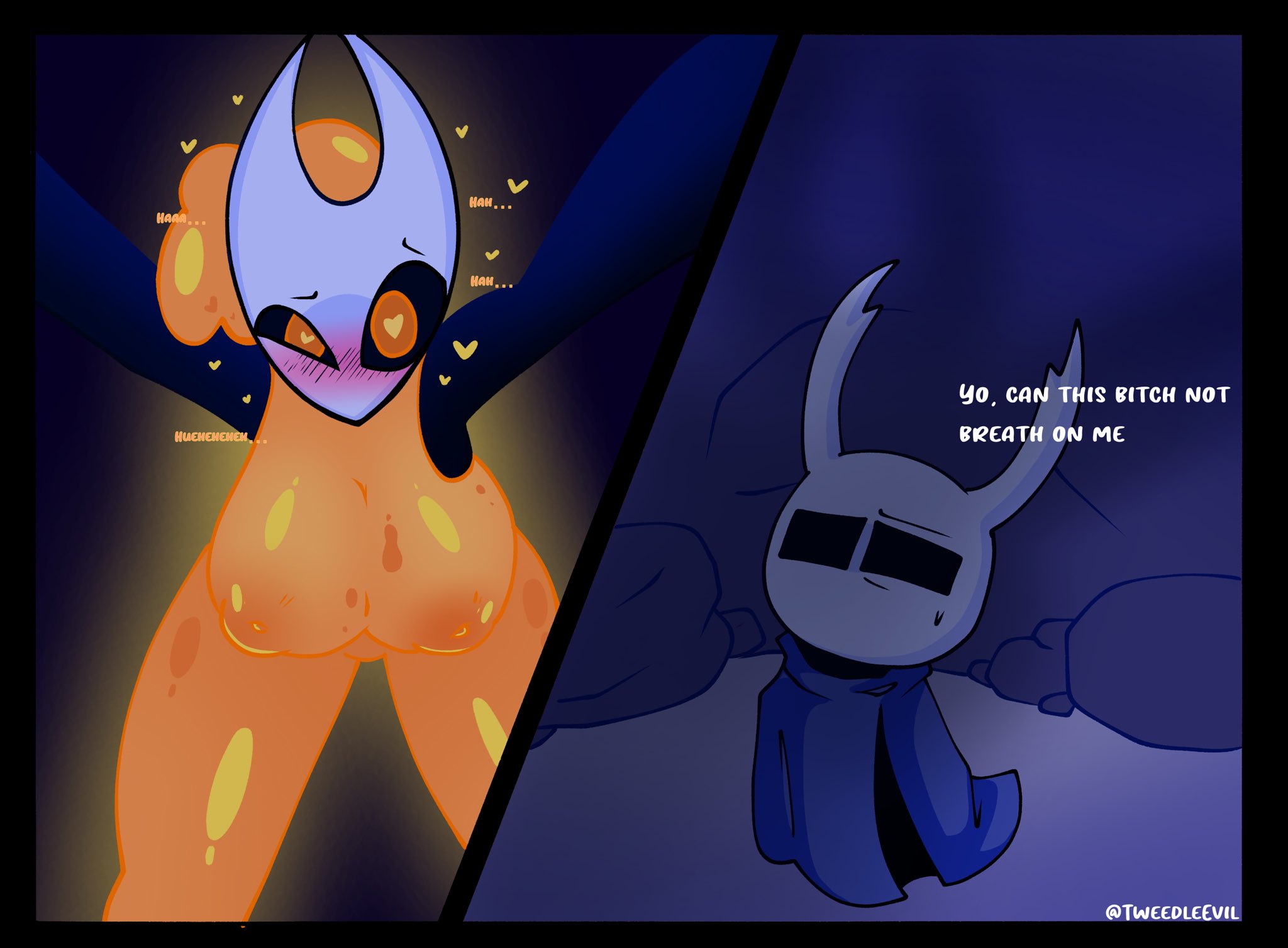 1boy, 1girls, big breasts, black eyes, breasts, color, comic, corruption, dialogue, english text, female, female focus, heart, heart-shaped pupils, hollow knight, hornet (hollow knight), incest, looking at viewer, male, open eyes, pov, standing, text, the infection (hollow knight), the knight (hollow knight), thighs, tweedleevil, twitter link