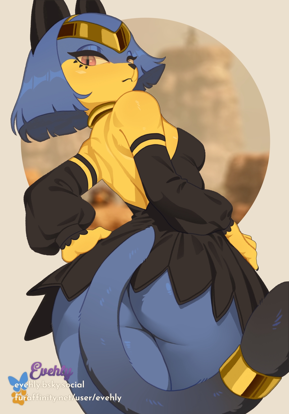 2026, anthro, biped, blue body, blue fur, breasts, butt, curvy figure, evehly, eyelashes, feline, female, fur, hi res, looking at viewer, looking back, mammal, multicolored body, pal (species), palmorph, palworld, pocketpair, pupils, sekhmet (pal), small waist, solo, tail, thick thighs, wide hips, yellow body