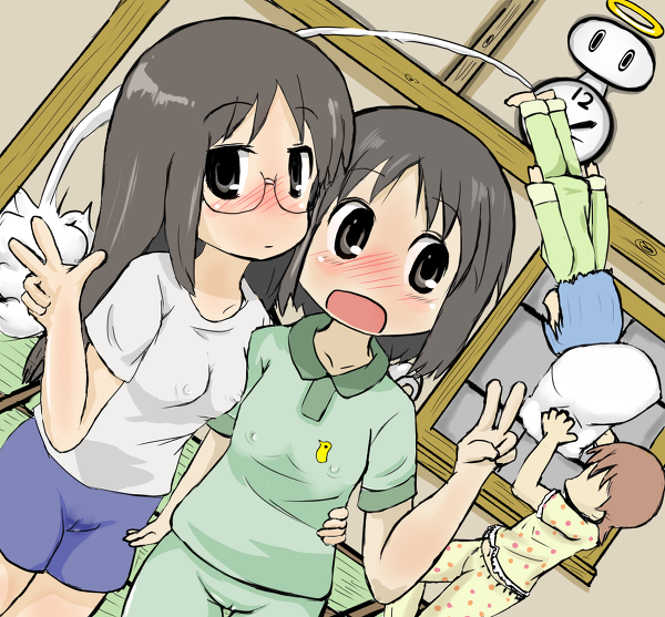 aioi_yuuko black_hair blue_hair blush breasts brown_hair cameltoe erect_nipples glasses long_hair minakami_mai naganohara_mio nano_shinonome nichijou nipples pajamas pillow