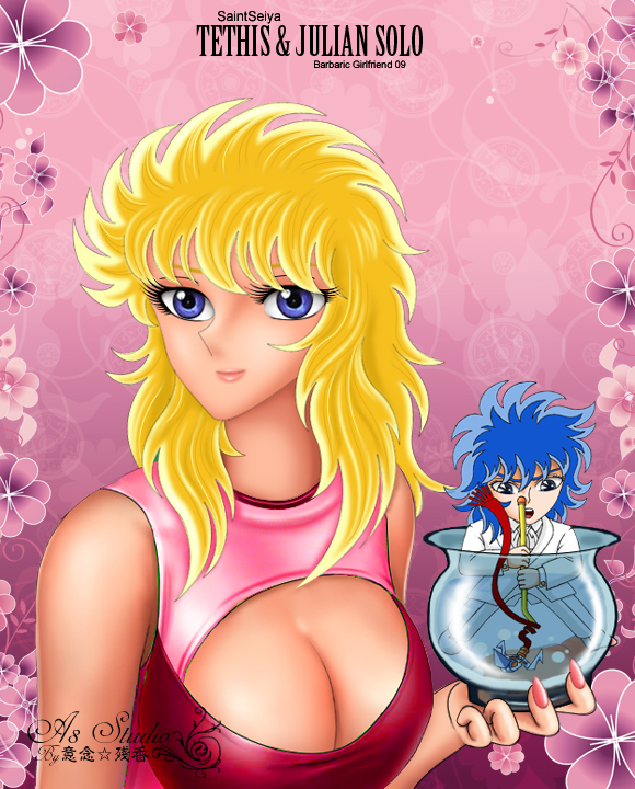 1girls blonde_hair blue_eyes breasts cleavage dress female fringe_hair julian_solo long_hair looking_at_viewer mariners mermaid_thetis saint_seiya shounen_jump