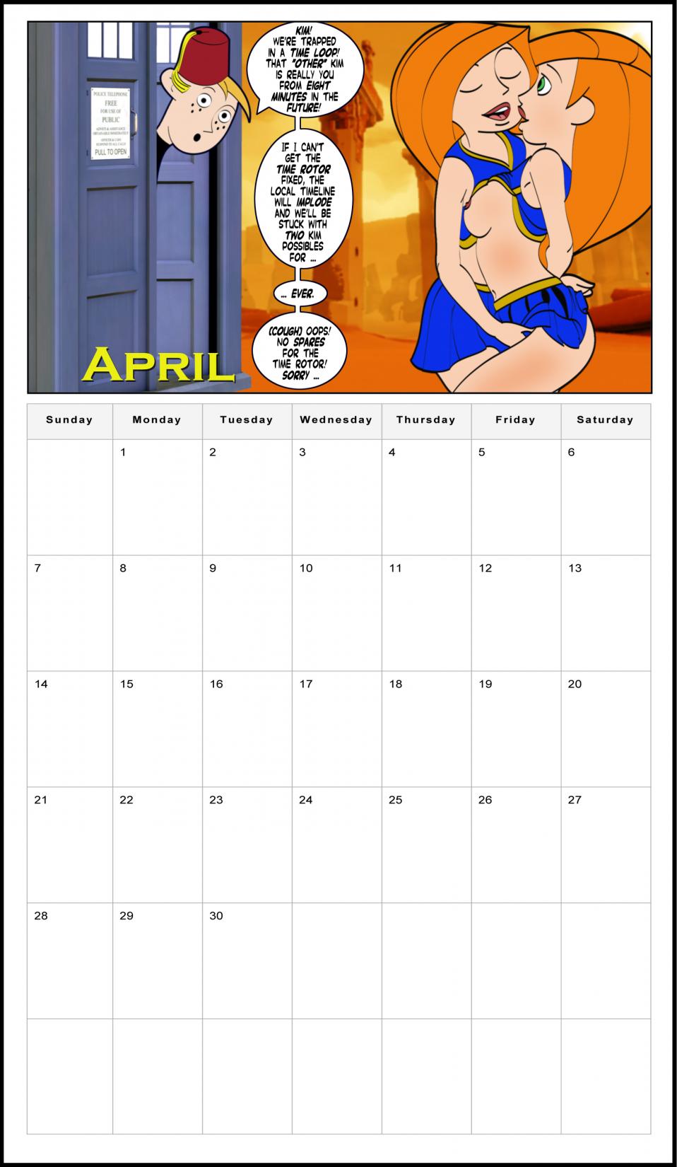 1boy 2girls april_(month) calendar_(medium) clone clonecest col_kink disney english_text female human kim_possible kimberly_ann_possible male multiple_girls nipples ron_stoppable straight_hair tagme text yuri