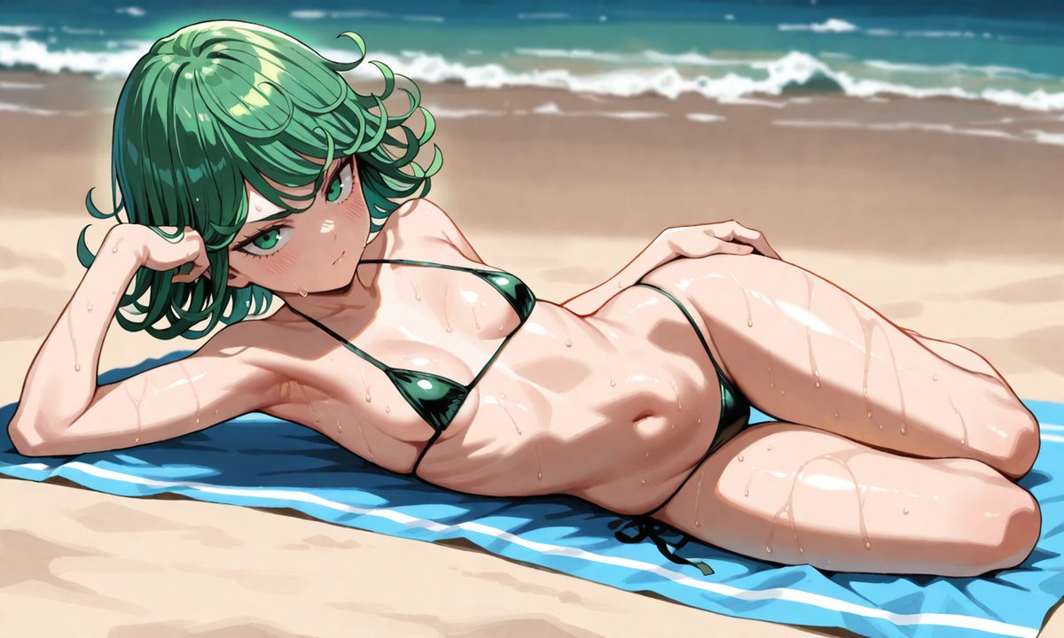 ai_generated bare_thighs beach bikini boob_equality curvaceous curvy_female green_eyes green_hair huge_thighs light-skinned_female light_skin looking_at_viewer one-punch_man short_hair small_breasts solo_female squatting sweat sweatdrop tatsumaki thick_thighs thighs