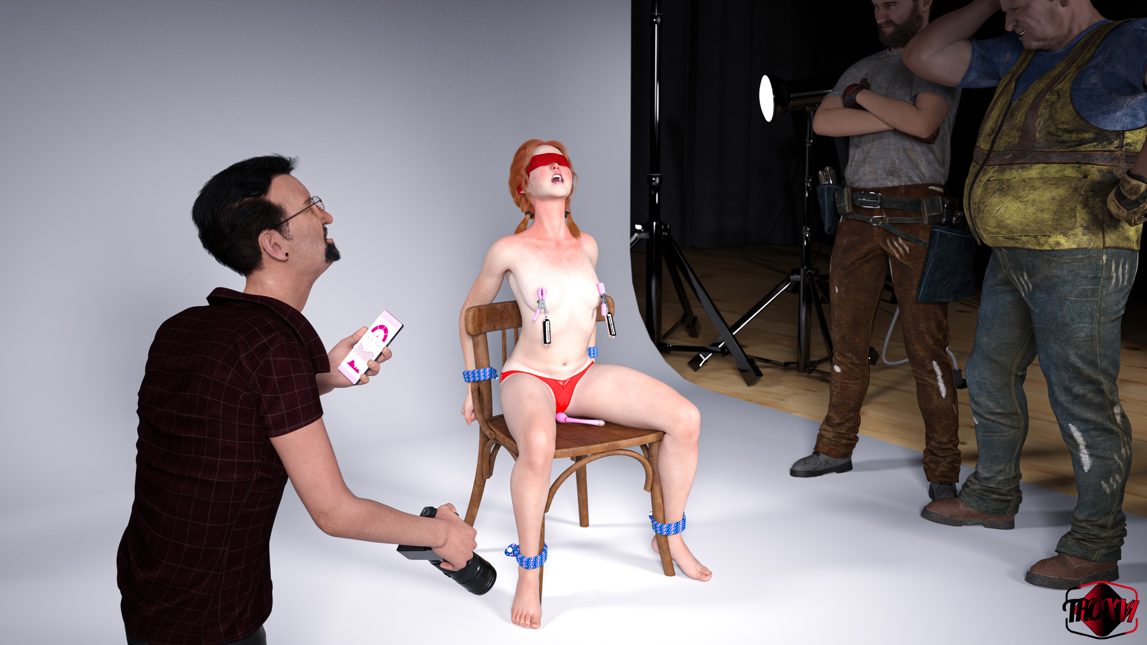 1girls, 3boys, 3d, age difference, being watched, blindfold, blush, bondage, bound, bound to chair, breasts, camera, cellphone, daz3d, fat male, female, freckles, fred (troxvi), hal (troxvi), hi res, human, male, nipple clamps, nipples, old male, older male, open mouth, orange hair, original character, panties, phone, photo shoot, photo studio, photographer, photography, photoshoot, pierre (troxvi), red hair, redhead, remote control vibrator, rope, rope bondage, rori collins (troxvi), self upload, sex toy, sitting, sitting on chair, small breasts, smartphone, studio, studio lights, taking picture, teenage female, teenager, tied to chair, tied up, topless, troxvi, vibrator, watching, younger female