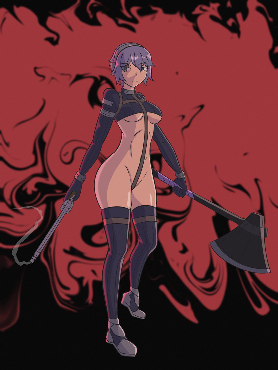 asymmetrical_dual_wielding axe black_background breasts crotch_strap dual_wielding female female_focus full_body gloves gun hair_between_eyes headgear holding holding_axe holding_gun holding_weapon martyr_(the_citadel) matching_hair/eyes purple_eyes purple_gloves purple_hair purple_shirt purple_thighhighs red_background shirt simple_background smoke smoking_barrel solo solo_focus standing strapless the_citadel the_martyr thigh_strap thighhighs tube_top underboob weapon