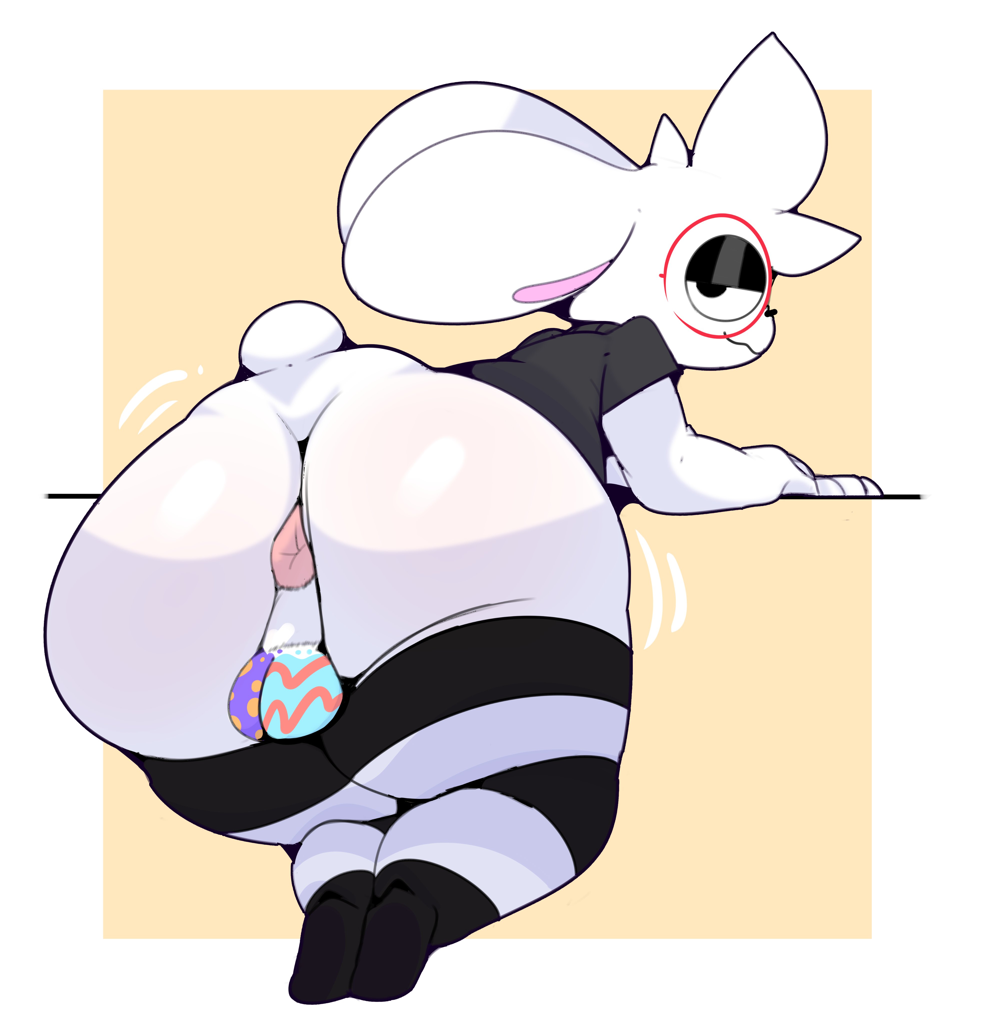 anthro, anus, ass, balls, bedroom eyes, bent over, big ass, bottom heavy, bunny, easter, femboy, glasses, huge ass, konaditto, looking at viewer, looking back, male, male only, painted balls, simple background, squashortstacks, striped legwear, thick thighs, thighhighs, unnamed character