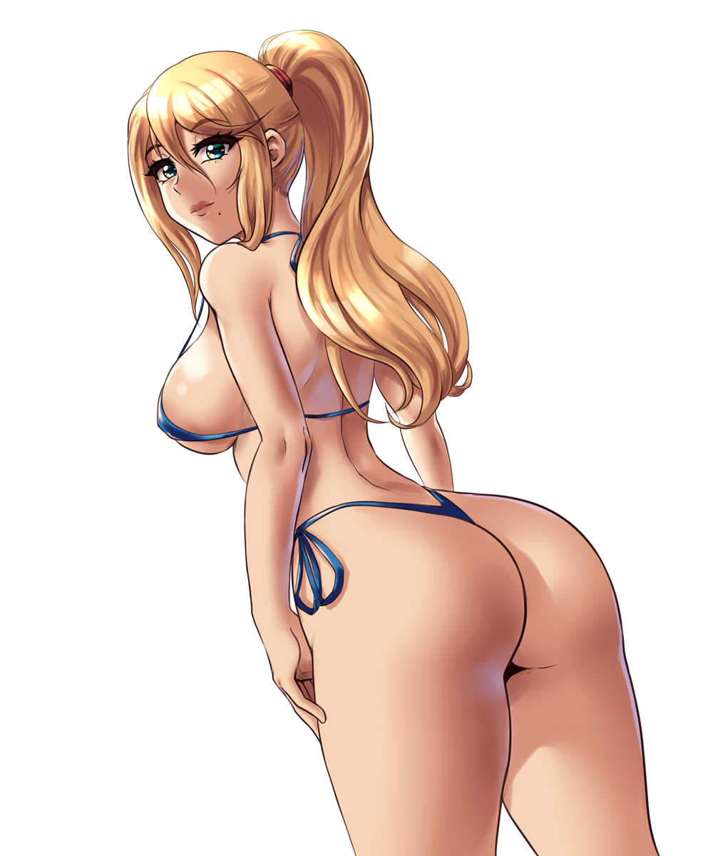 back_view bikini blonde_hair blue_eyes dutch_angle female leonhenthighs metroid ponytail samus_aran solo thong_bikini