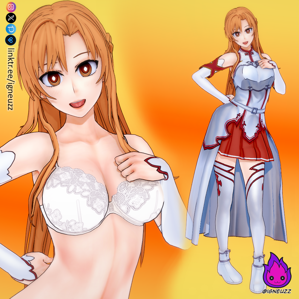 3d blush bra female igneuzz kneesocks light-skinned_female lingerie long_hair looking_at_viewer orange_hair sword_art_online white_knee_socks white_lingerie yuuki_asuna