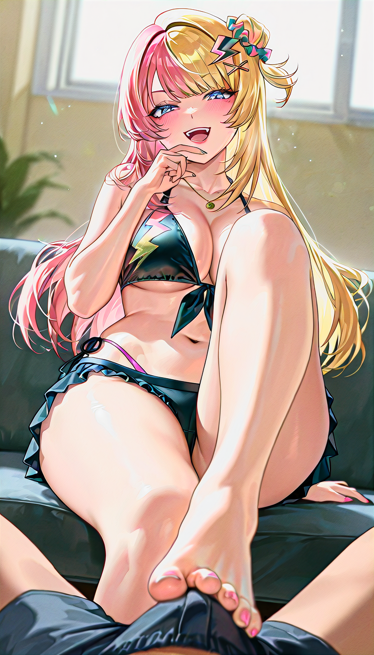 ai_generated barefoot big_breasts bikini feet foot_on_penis foot_play footjob kotoka_torahime nijisanji nijisanji_en non_nude smile toenail_polish toes virtual_youtuber vtuber