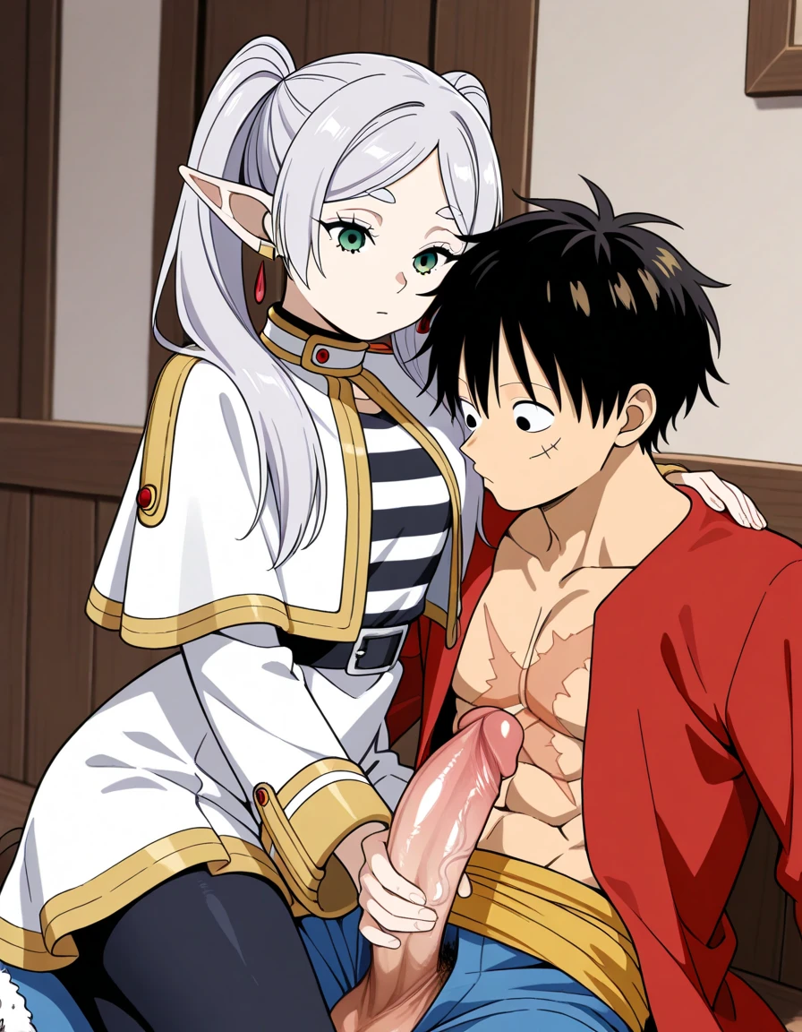 ai_generated artist_request big_penis black_hair crossover elf female frieren frieren_beyond_journey's_end green_eyes handjob male monkey_d_luffy one_piece pointed_ears scar_on_chest silver_hair sousou_no_frieren