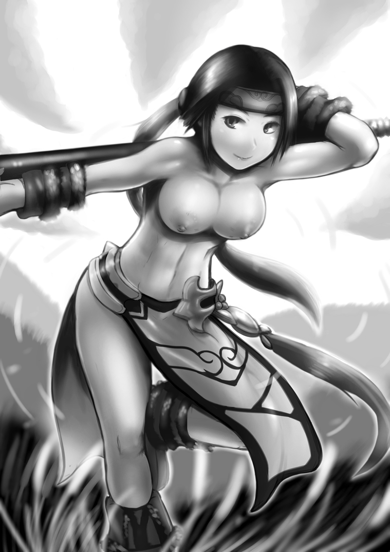 1girls breasts female female_only grass large_breasts navel nipples ponytail seong_mi-na skello-on-sale solo soul_calibur tied_hair weapon