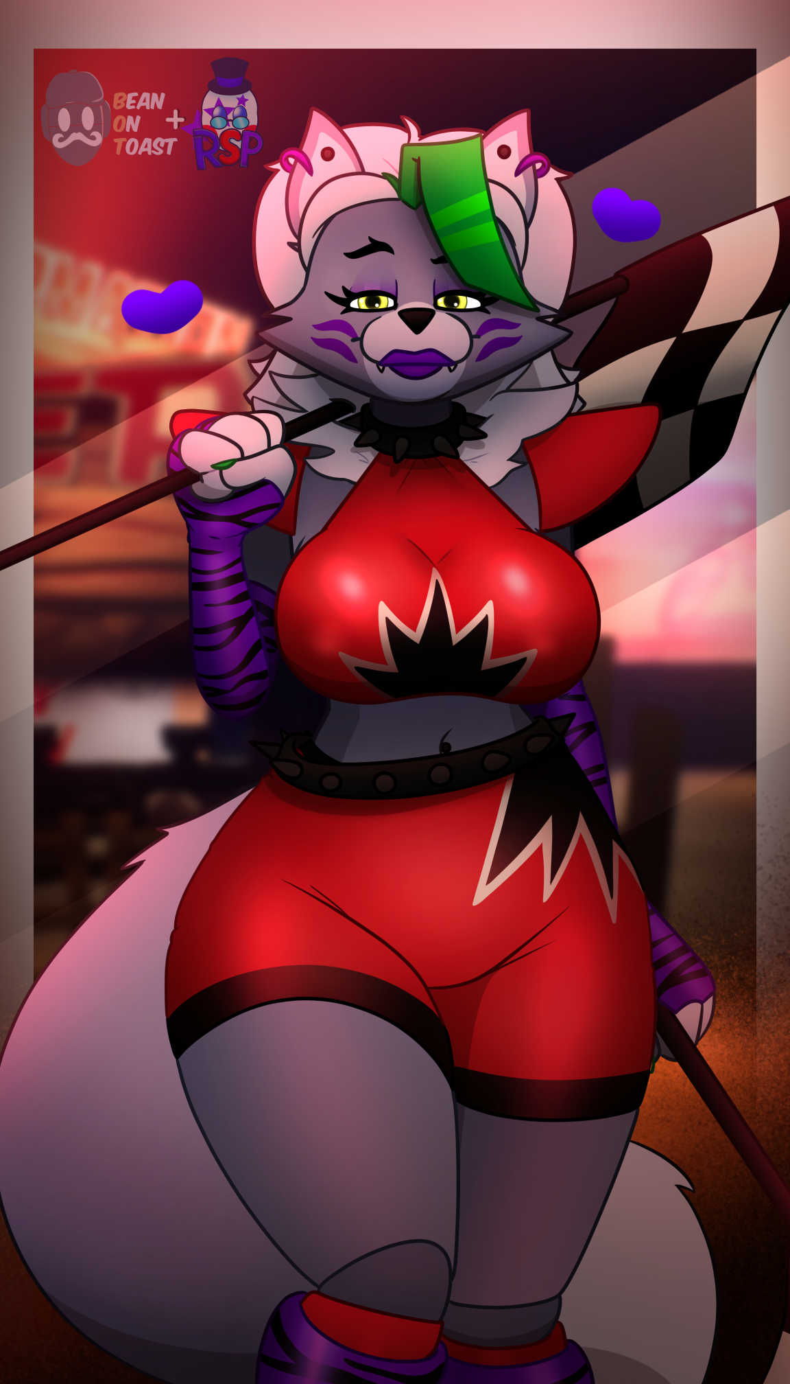 2025 2d 2d_(artwork) 2d_artwork animatronic animatronic_female anthro anthro_female artist_logo artist_name beanontoast big_breasts black_highlights female five_nights_at_freddy's five_nights_at_freddy's:_security_breach furry furry_female green_hair green_nails grey_fur grey_hair leg_warmers purple_earrings purple_eyeshadow purple_lipstick purple_tiger_print red_shorts red_shoulder_pads robot robot_girl robot_joints rockstar_puppet_(artist) roxanne_wolf_(fnaf) solo thick_thighs tiger_print_armwear tiger_print_legwear wolf wolf_ears wolf_girl wolf_tail yellow_eyes