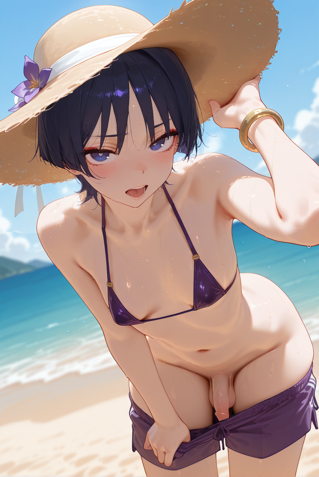 1boy ai_generated armpit beach_background beach_hat blush bracelet clothes_pull cowboy_shot curvy femboy genshin_impact gomes holding_hat leaning_forward looking_at_viewer male penis scaramouche_(genshin_impact) self_upload shorts solo stomach testicles