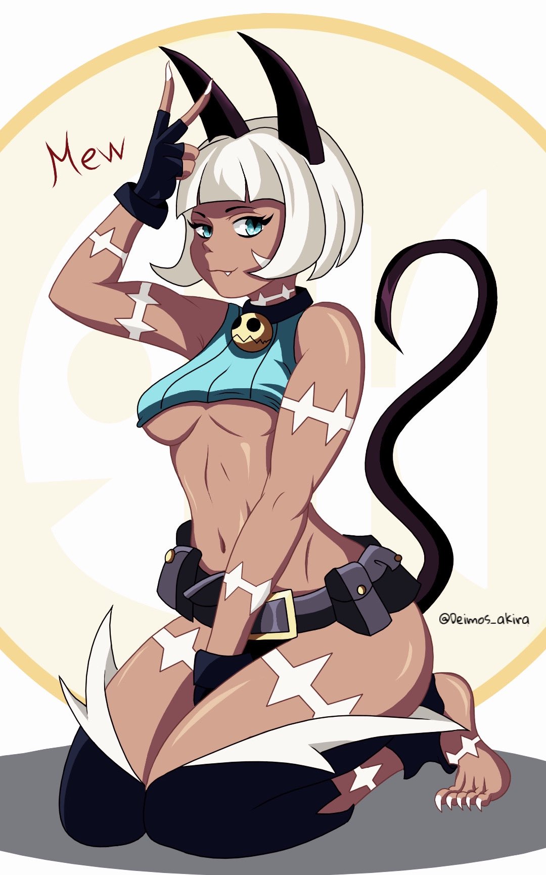 1girls belt big_breasts catgirl collar cougar deimosakira gloves green_eyes mature_female nadia_fortune skullgirls tail thick_thighs tight_clothing underboob white_hair