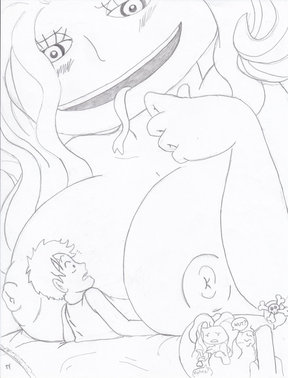 boa_sandersonia breasts female gigantic_breasts hebi_hebi_no_mi,_model:_anaconda jodagee male monkey_d_luffy nipples one_piece presenting presenting_breasts size_difference sketch straight topless traditional_media