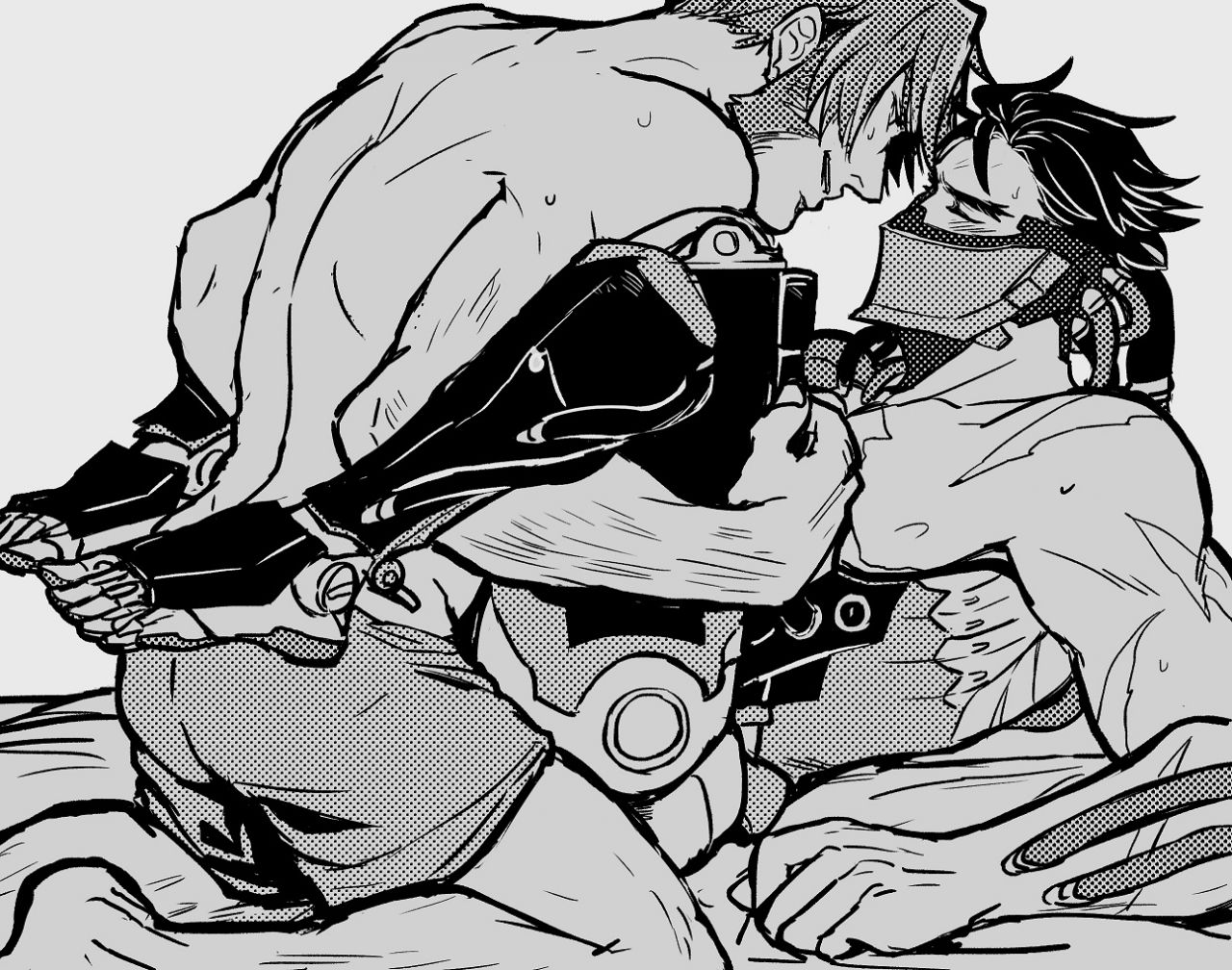 2boys, anal, anal sex, armor, beard, bed, bed sheet, black hair, blackwatch genji, blush, brown hair, closed eyes, cole cassidy, cybernetics, cyborg, friesremedy, gay, genji, helmet, looking at partner, male, male only, male/male, mask, masked, overwatch, scar, short hair, shorts, sweat, yaoi