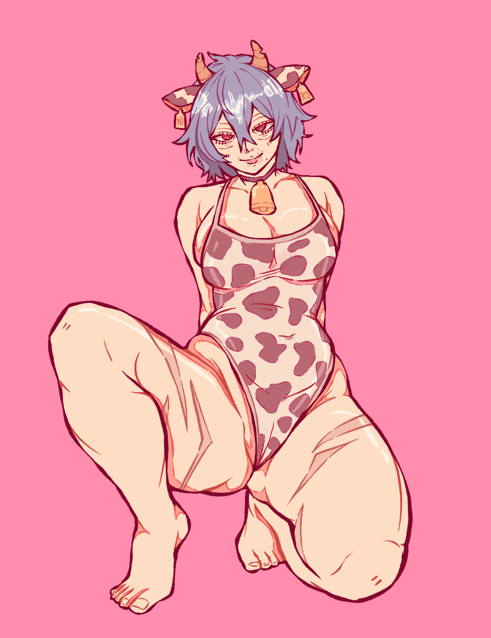 chubby chubby_female clothed cow_ears cow_horns cow_print cowbell female genderswap_(mtf) kemonomimi my_hero_academia red_eyes rule_63 scars swimsuit tomura_shigaraki