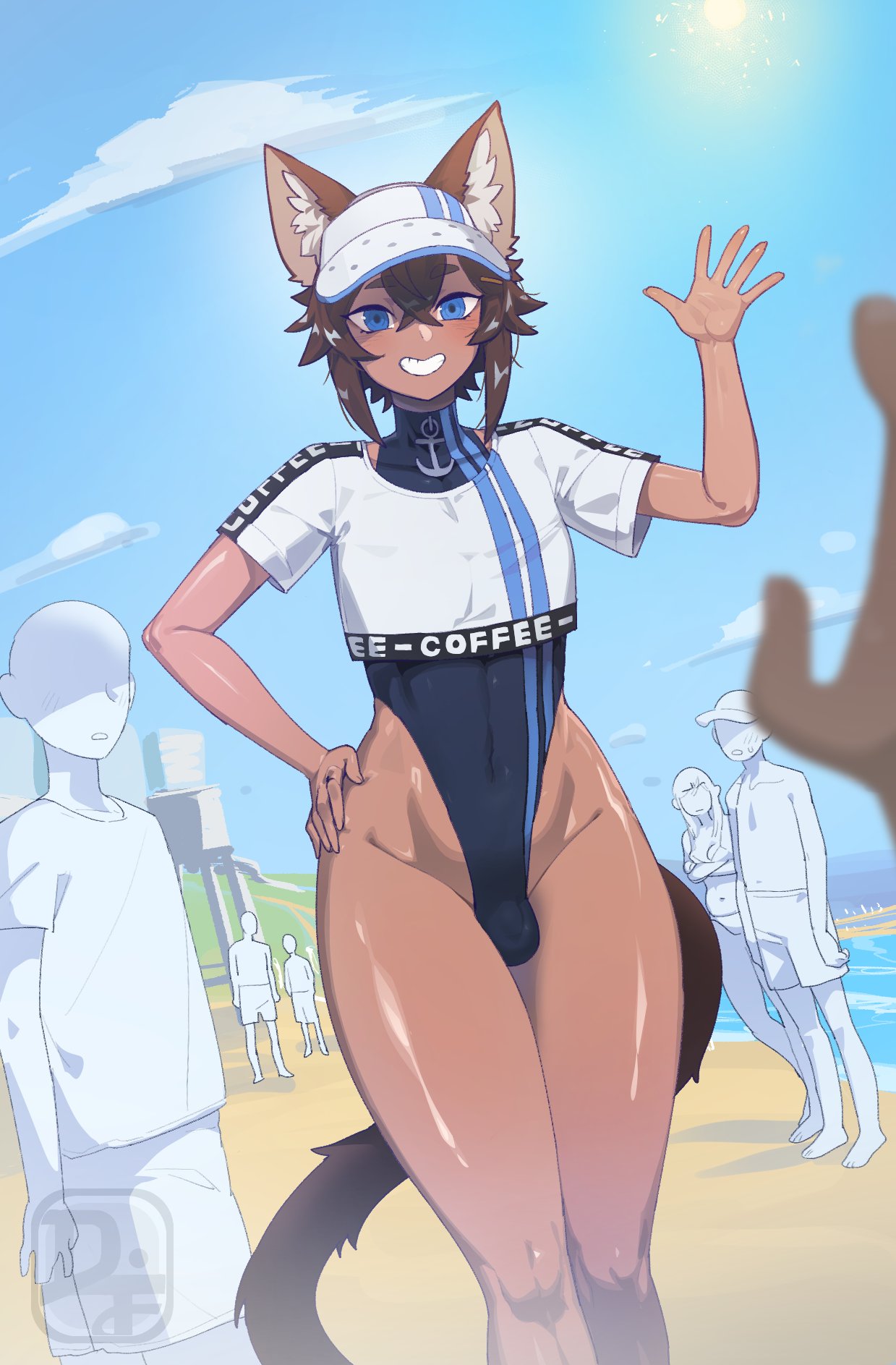 animal_ears beach blue_eyes bulge cap dark-skinned_male dark_skin difman dog_ears femboy looking_at_viewer original original_character smile smiling smiling_at_viewer sweat swimsuit tail thighs